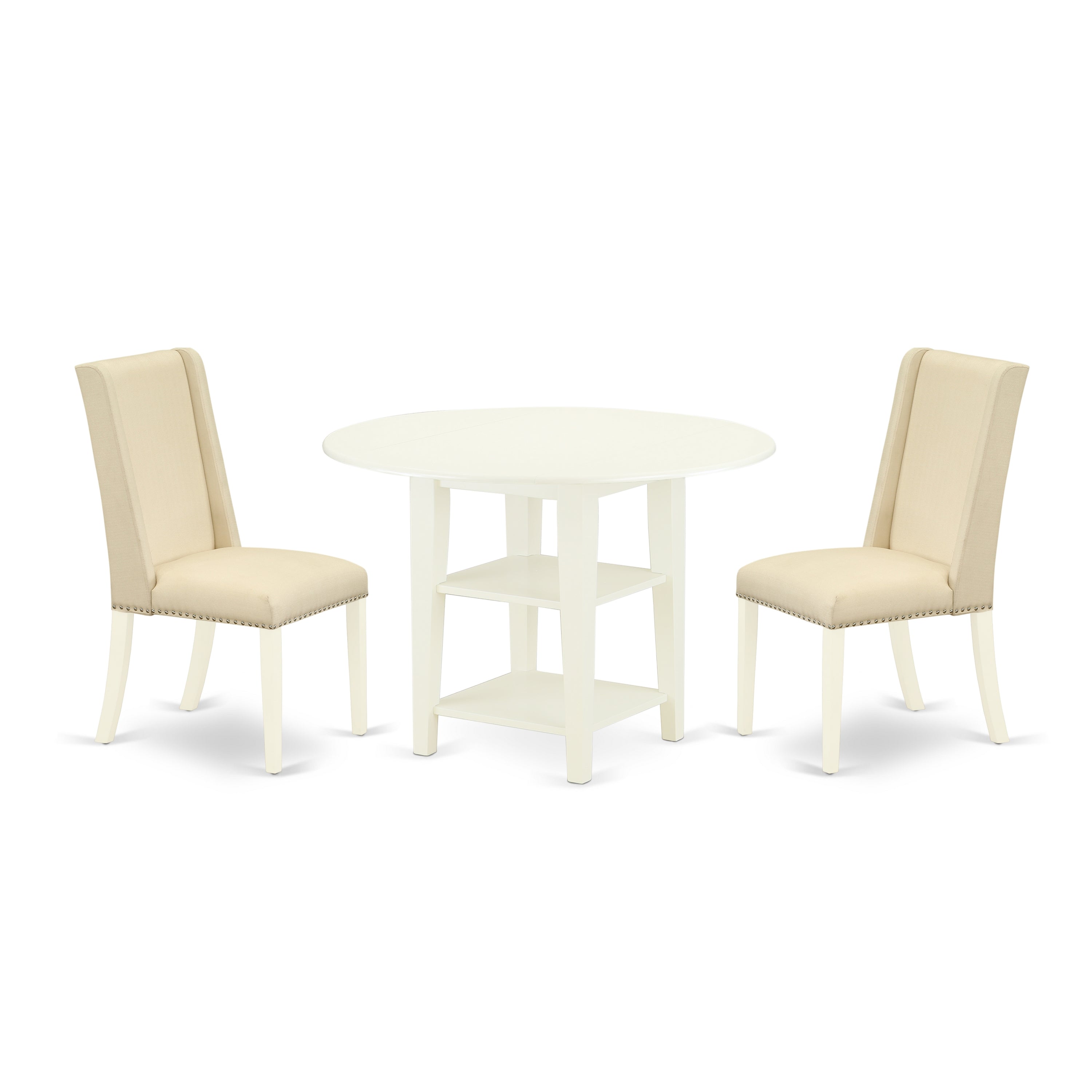 East West Furniture SUFL3-LWH-01 3-Pc Dinette Table Set Included a Round Dining Table with Two Shelves & 2 Dining Chairs, Cream Linen Fabric Modern Dining Chairs Seat & Rubber Wood Legs, Linen White Finish