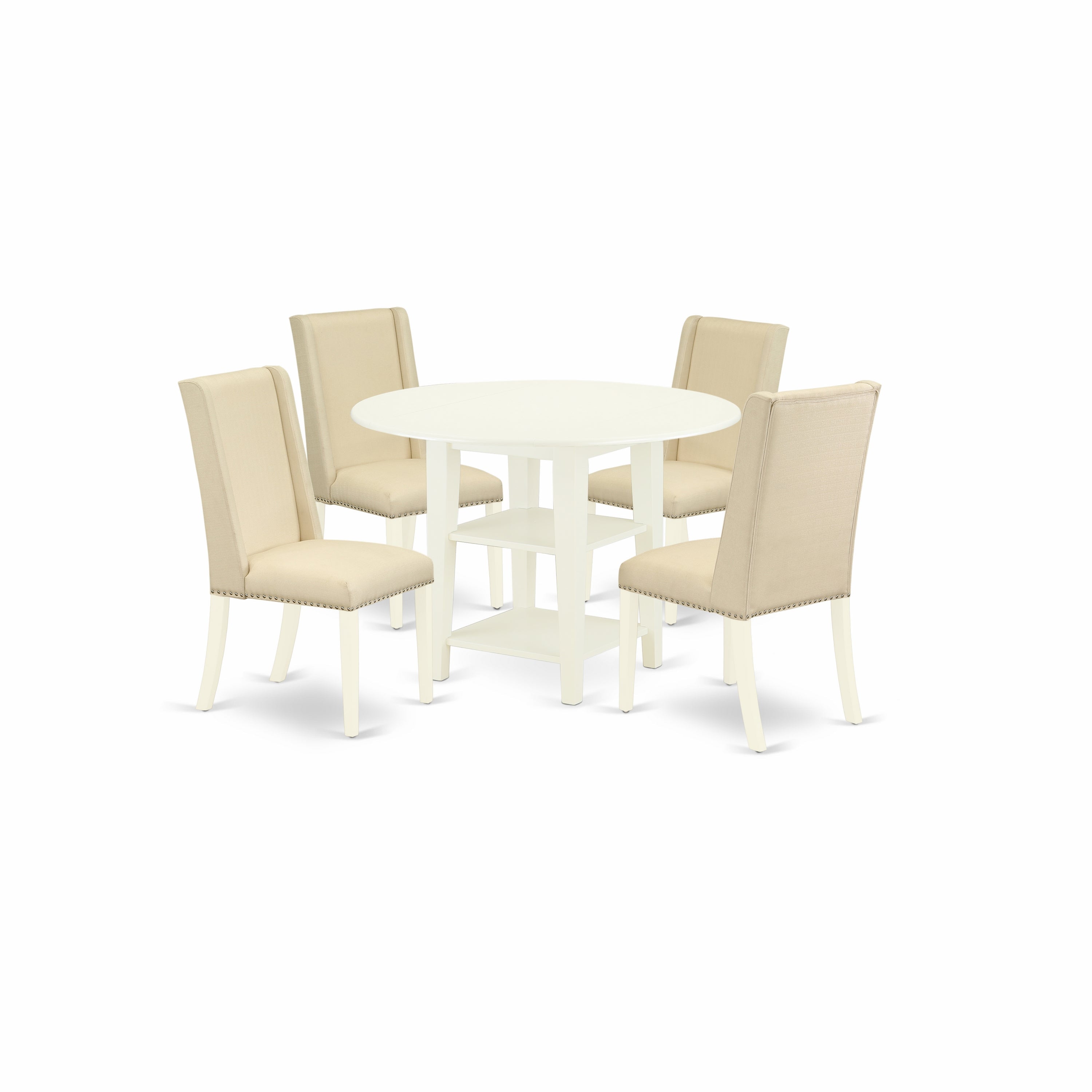 SUFL5-LWH-01 5-Piece dining table set- 4 person dining chairs and two shelves small round table solid wood frame � High Stylish Back & Linen White Finish
