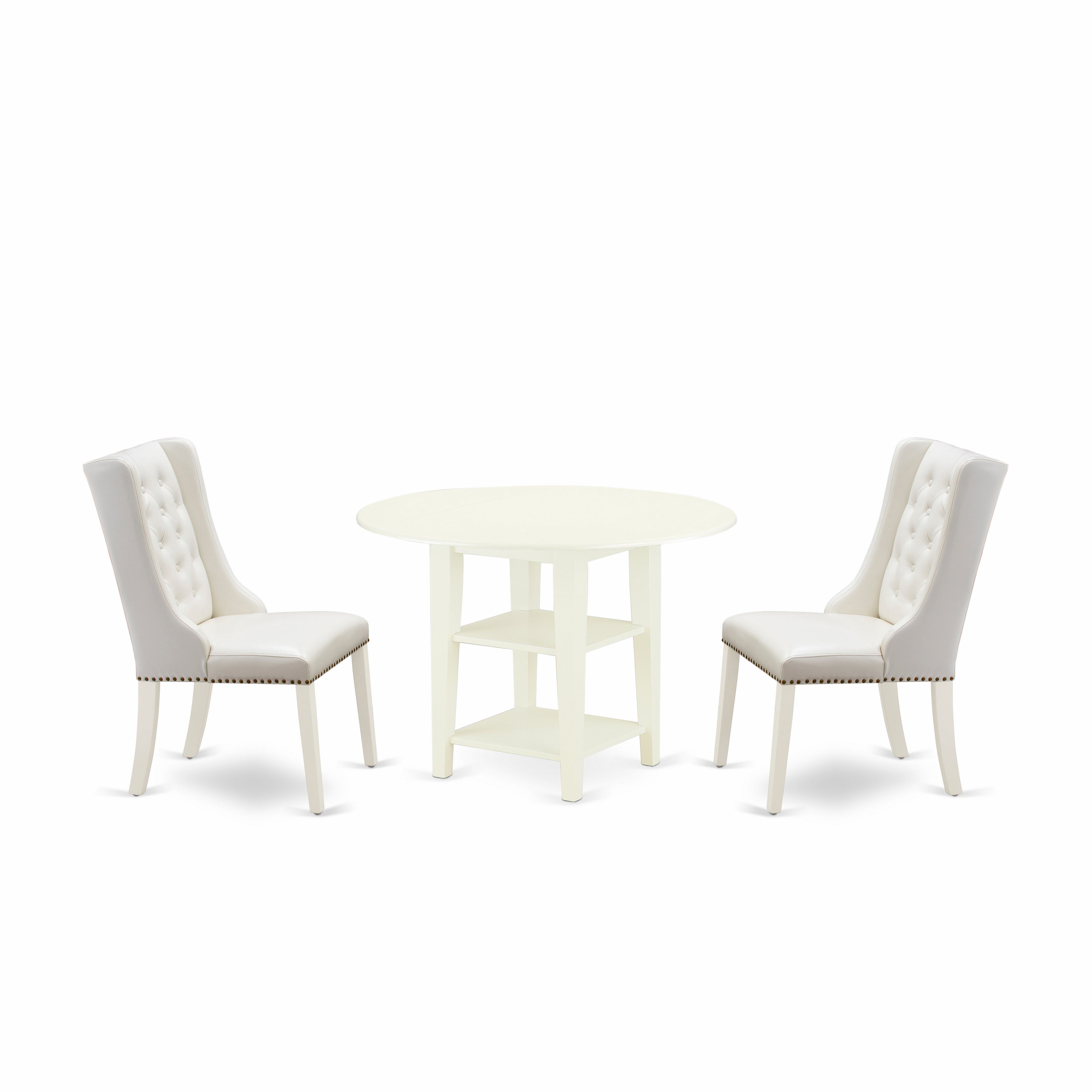 East West Furniture SUFO3-LWH-44 3-Piece Kitchen Table Set Includes 1 Dining Table with Two Shelves - 2 Linen white PU faux Leather Upholstered Dining Chairs with Button Tufted Back - linen white Finish
