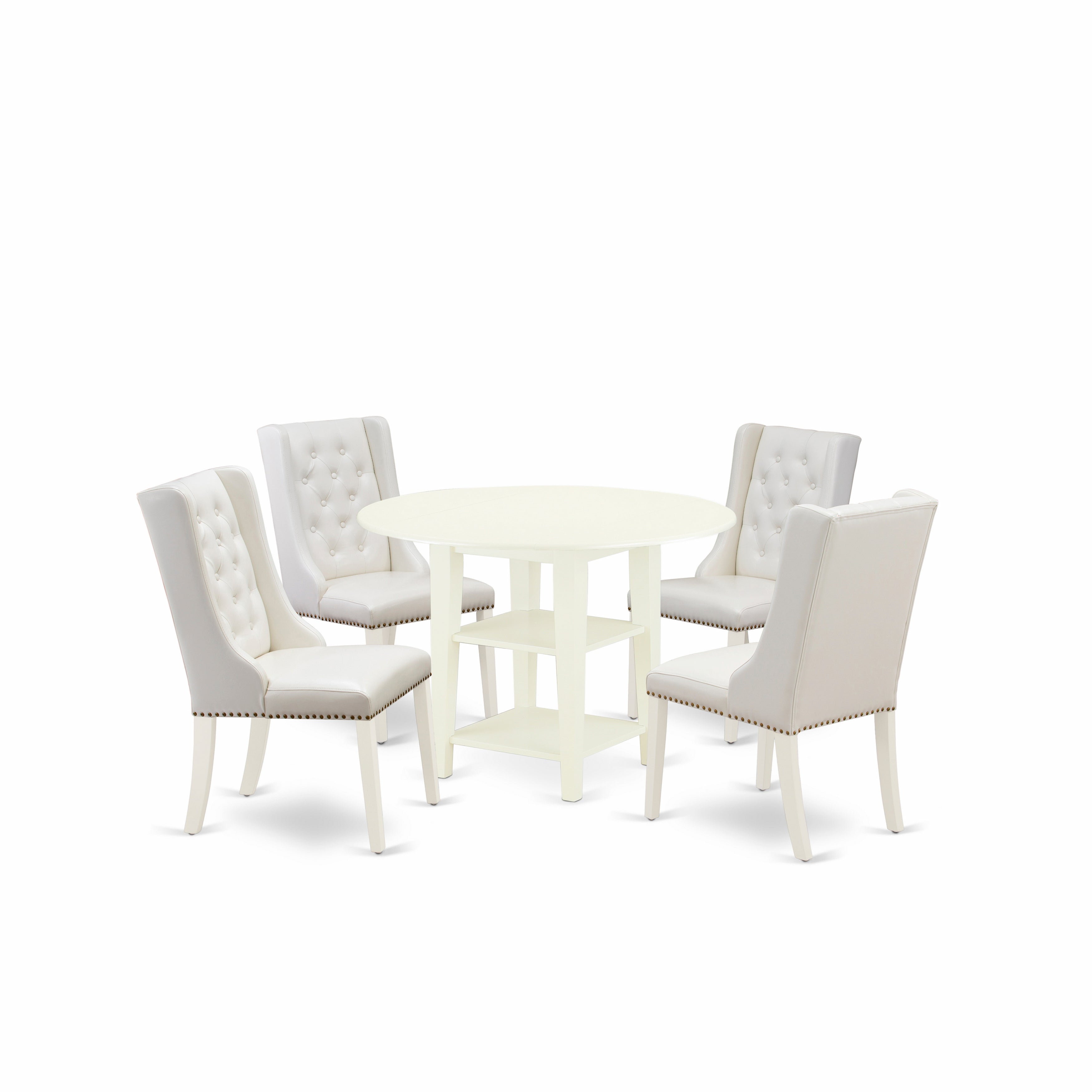 East West Furniture SUFO5-LWH-44 5-Piece Kitchen Table Set Includes 1 Round Table with Dropleafs and Two Shelves - 4 Linen white PU faux Leather Parson Chairs with Button Tufted Back - linen white Finish