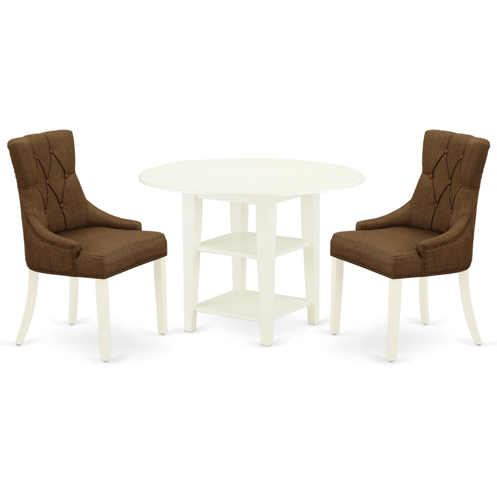 SUFR3-LWH-18 3Pc Dinette Set Includes a Round Dining Table with Drop Leaves and Two Parson Chairs with Dark Coffee Fabric, Linen White Finish