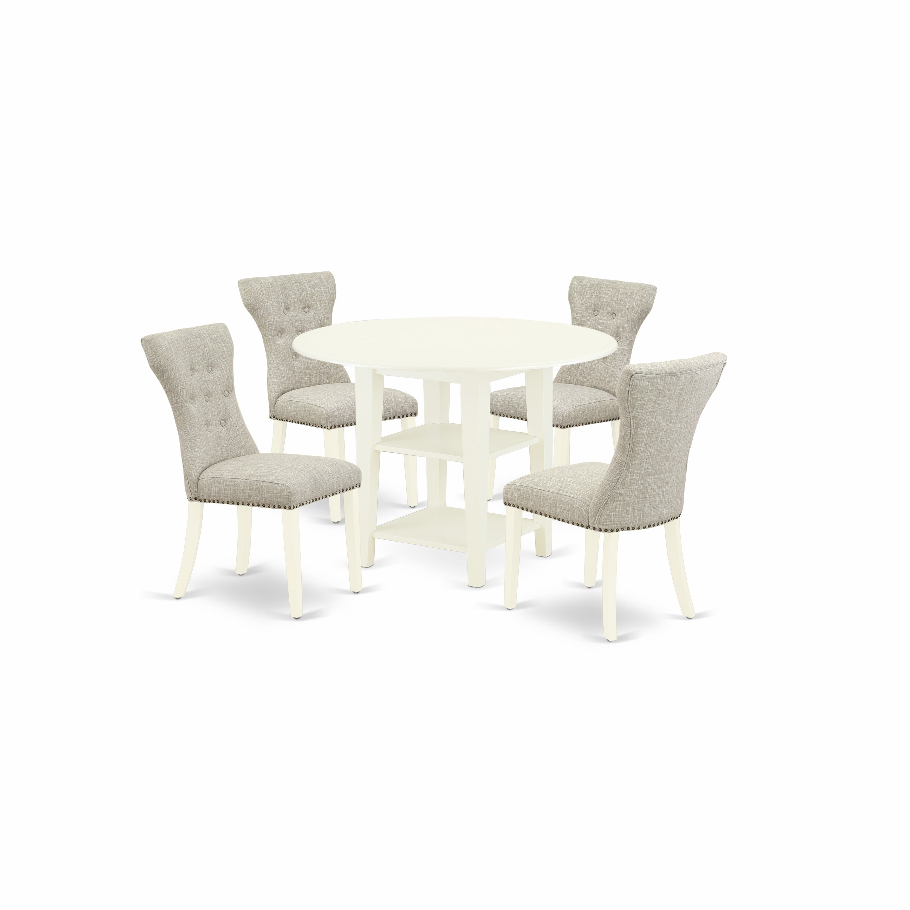 El juego de mesa de comedor de 5 piezas East West Furniture SUGA5-LWH-35 incluye una mesa de comedor redonda con alas abatibles y estantes, y 4 sillas tapizadas en tela de lino y piel de venado.
