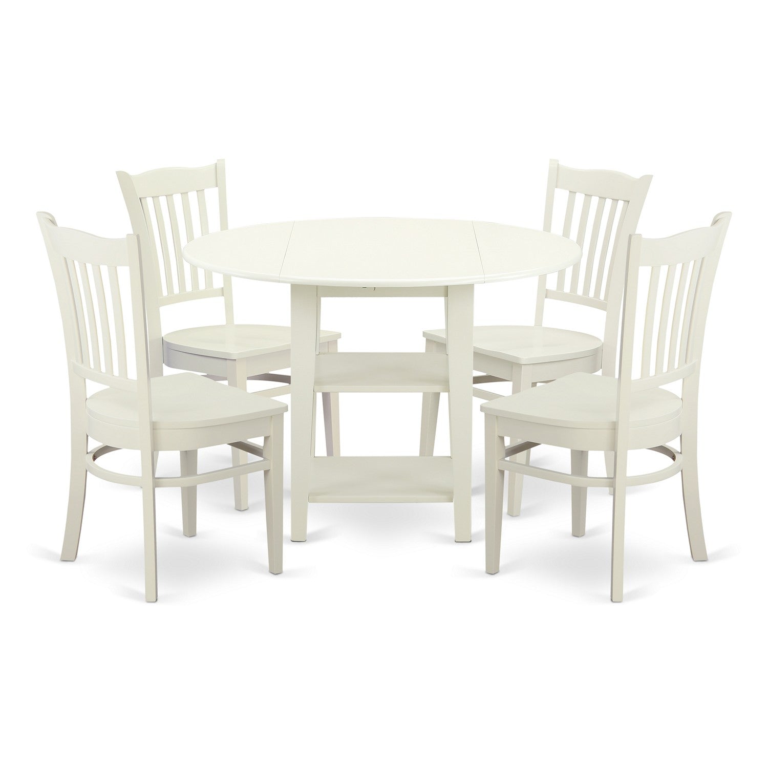 Juego de mesa de comedor East West Furniture SUGR5-LWH-W de 5 piezas para 4 personas. Incluye una mesa de cocina redonda con hojas abatibles y estantes, y 4 sillas de comedor de cocina.