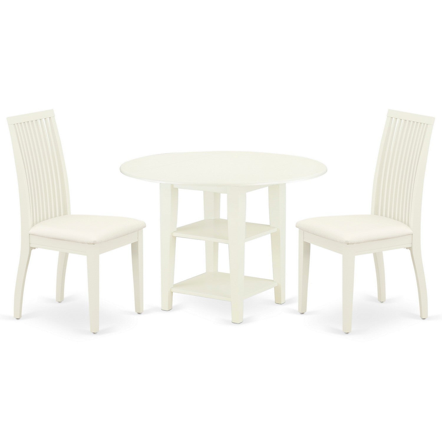 SUIP3-LWH-C 3Pc Dinette Set Includes a Round Dining Table with Drop Leaves and Two Linen seat Dining Chairs, Linen White Finish