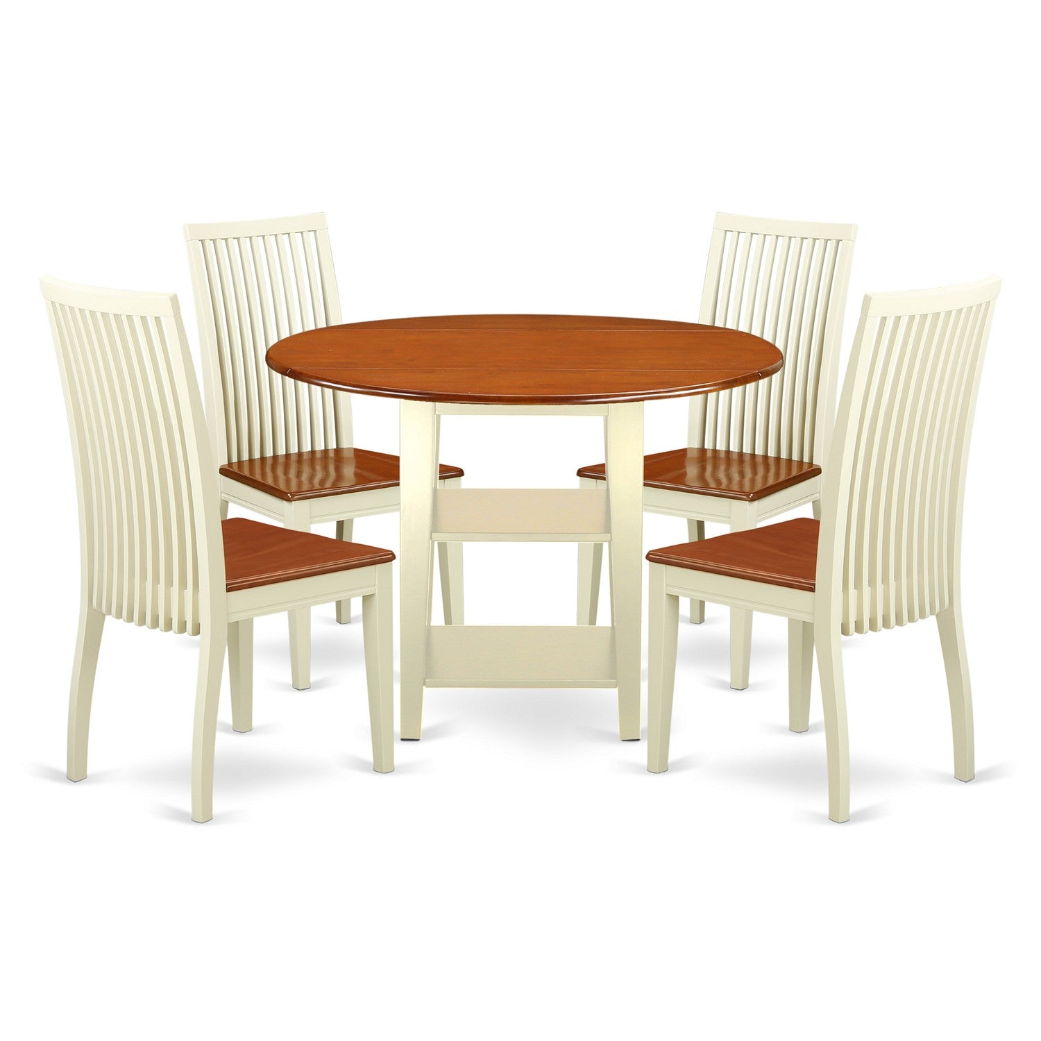 El juego de comedor de 5 piezas East West Furniture SUIP5-BMK-W incluye una mesa de comedor redonda con hojas abatibles y estantes, y 4 sillas con asiento de madera.