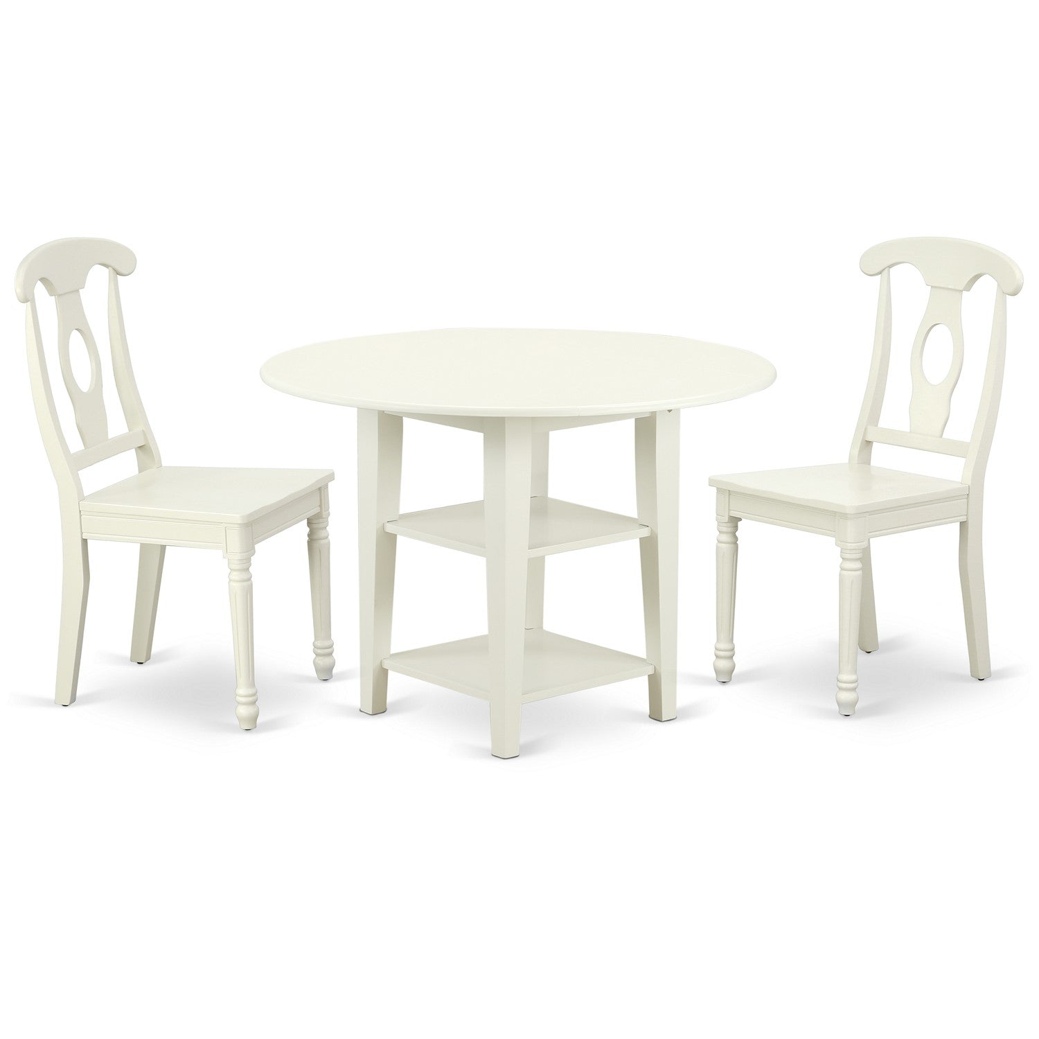 SUKE3-LWH-W 3PC Round 20/42 inch Table with two11-Inch Drop Leaves and 2 Panel Back Chairs