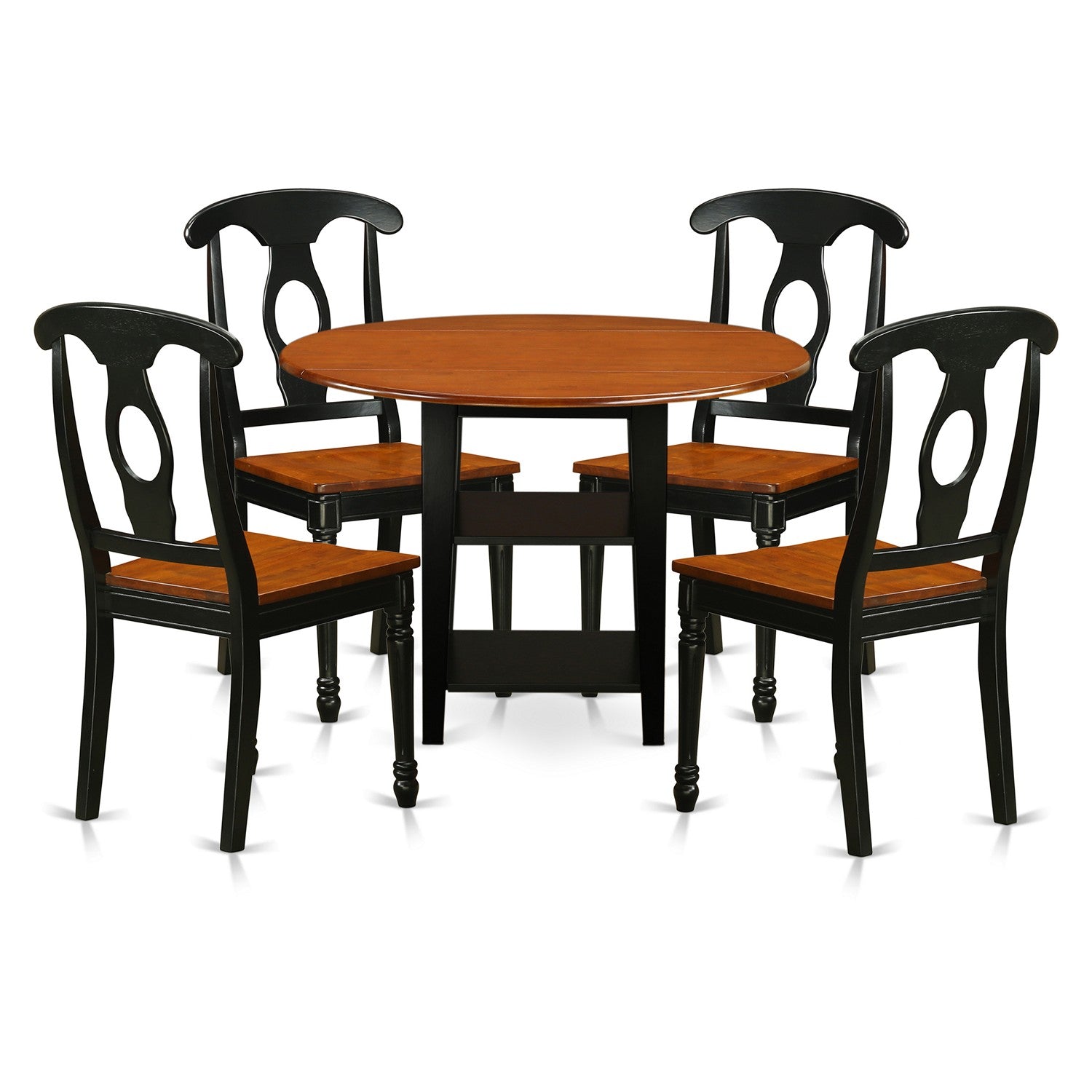 Juego de mesa de cocina de 5 piezas East West Furniture SUKE5-BCH-W para 4 personas. Incluye una mesa de comedor redonda con alas abatibles y estantes, y 4 sillas de comedor.