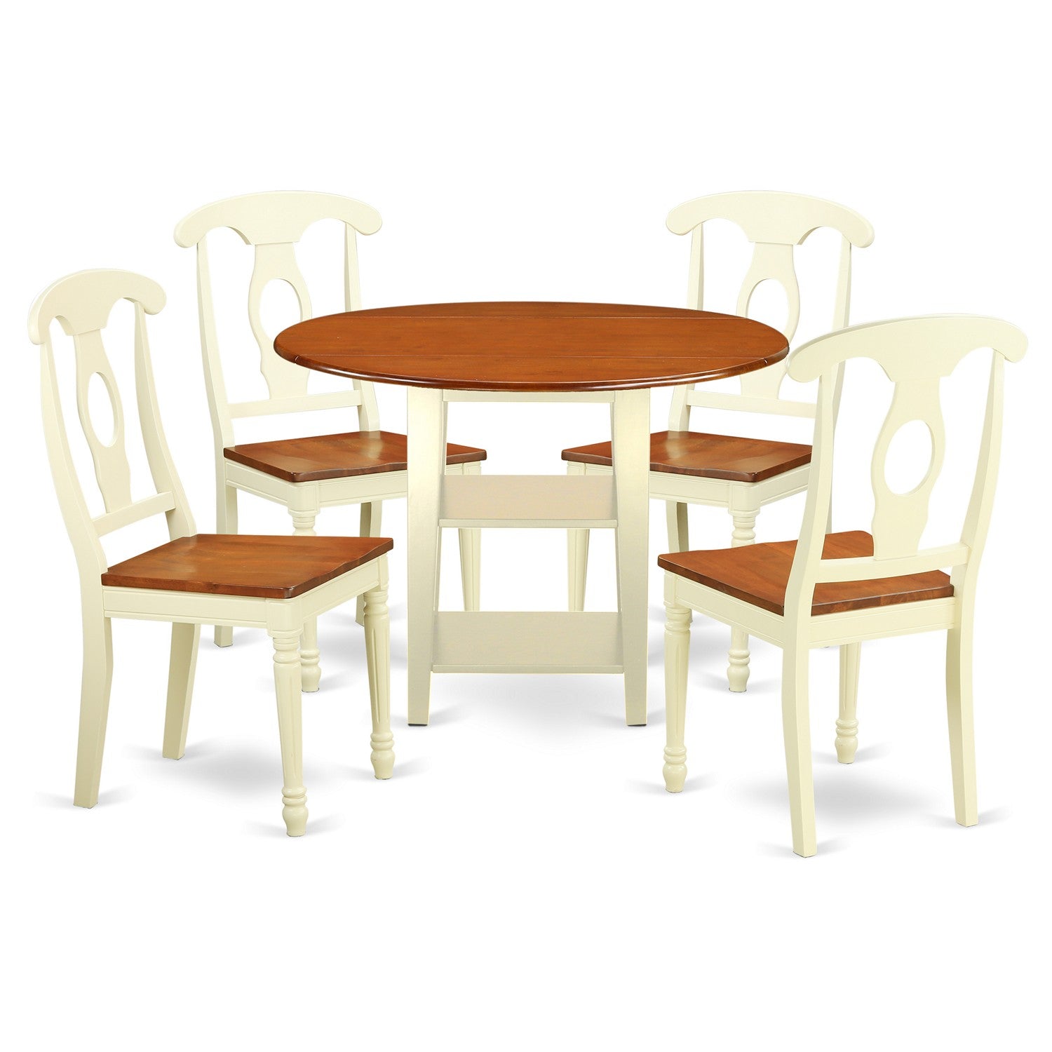 SUKE5-BMK-W 5 Piece Sudbury Set With One Round Dinette Table And 4 Dinette Chairs With Wood Seat In A Warm Buttermilk and Cherry Finish.