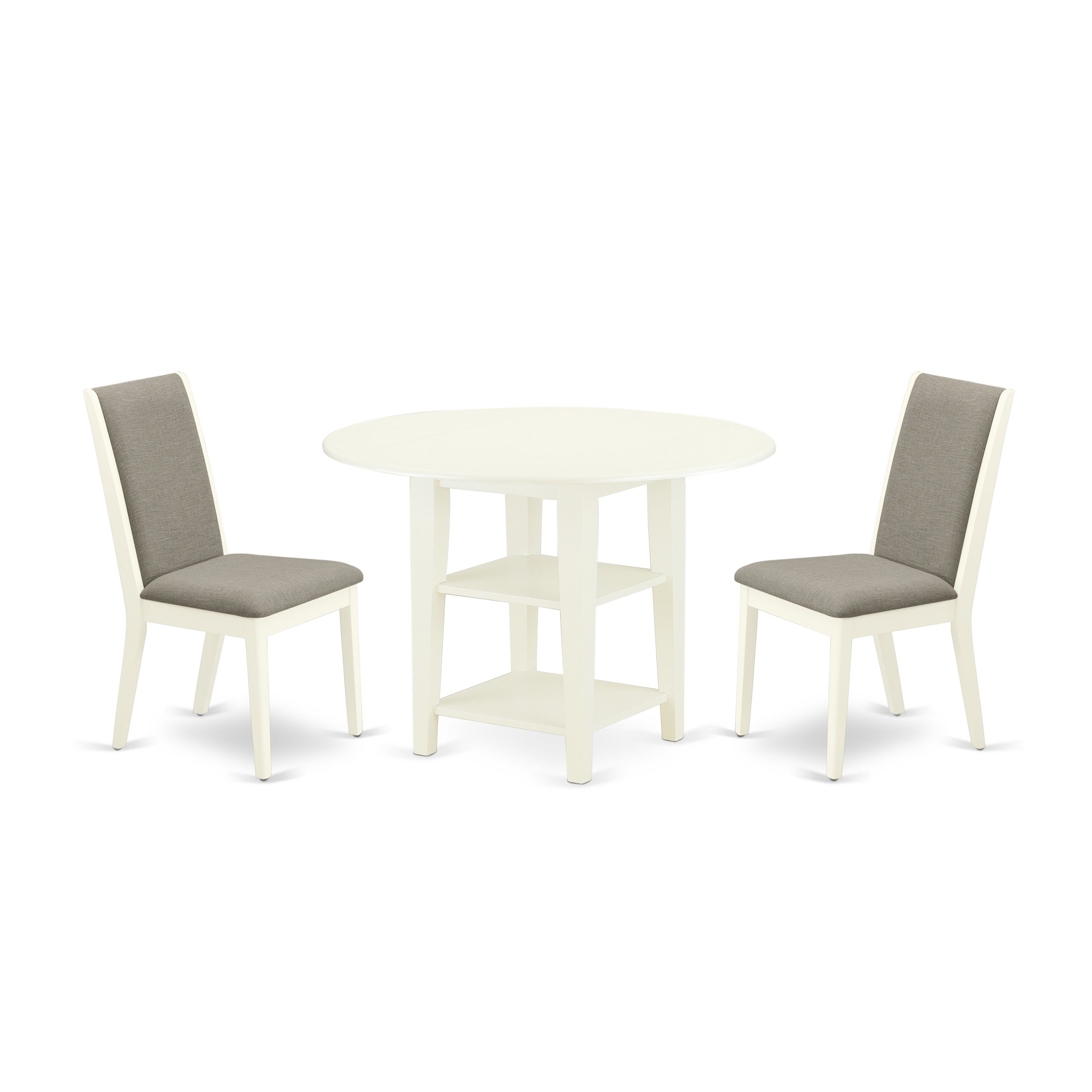 East West Furniture SULA3-LWH-06 3-Pc Kitchen Dinette Set Included a Round Dining Table with Two Shelves & 2 Modern Dining Chairs, Shitake Linen Fabric Dining Chairs Seat with Rubber Wood Legs, Linen White Finish