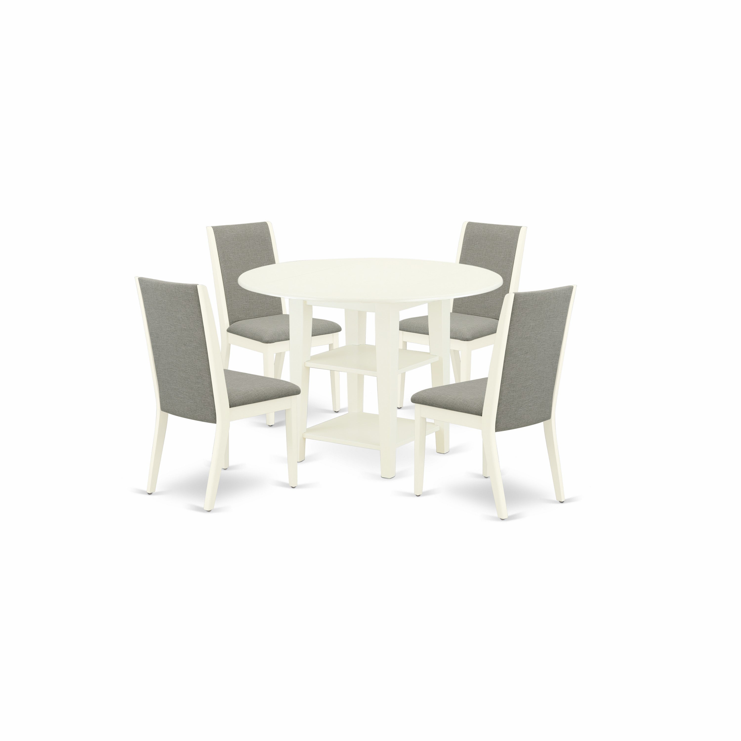 SULA5-LWH-06 5-Piece small dining table set- 4 Kitchen Parson Chairs and Round wood table solid wood frame -High back & Linen White Finish