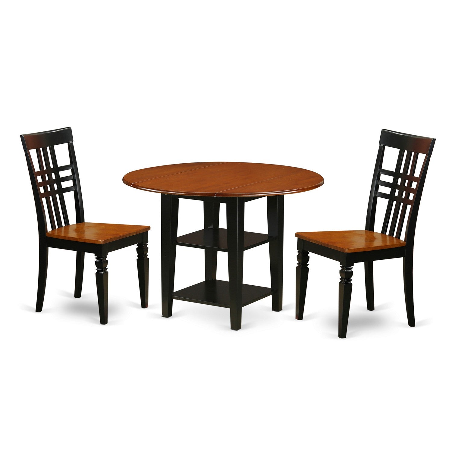 SULG3-BCH-W 3 Piece Sudbury Set With One Round Dinette Table And 2 Slat Dinette Chairs With Wood Seat In A Rich Black and Cherry Finish.
