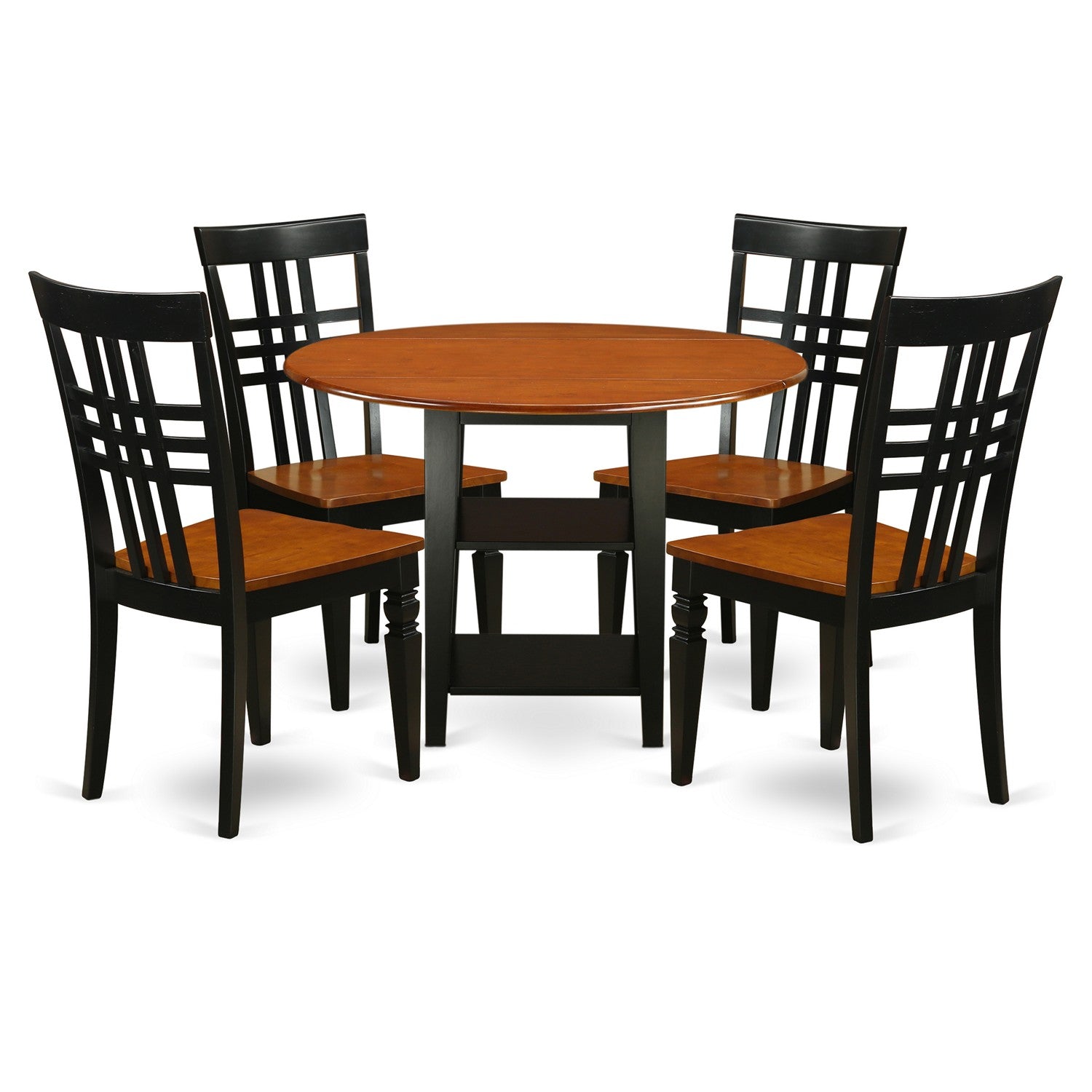 SULG5-BCH-W 5 Piece Sudbury Set With One Round Dinette Table And Four Slat Dinette Chairs With Wood Seat In A Rich Black and Cherry Finish.