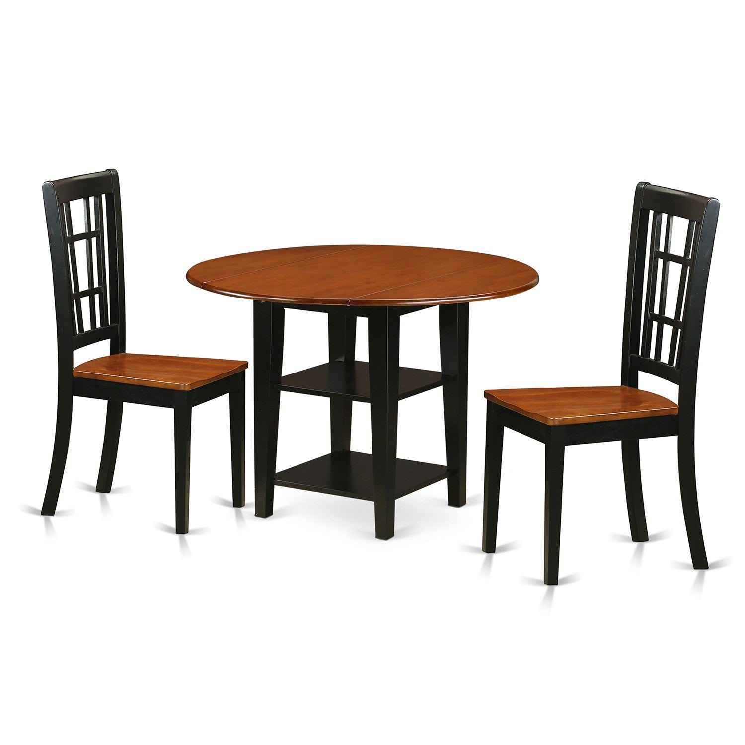 SUNI3-BCH-W 3 Piece Sudbury Set With One Round Dinette Table And 2 Dinette Chairs With Wood Seat In A Rich Black and Cherry Finish.