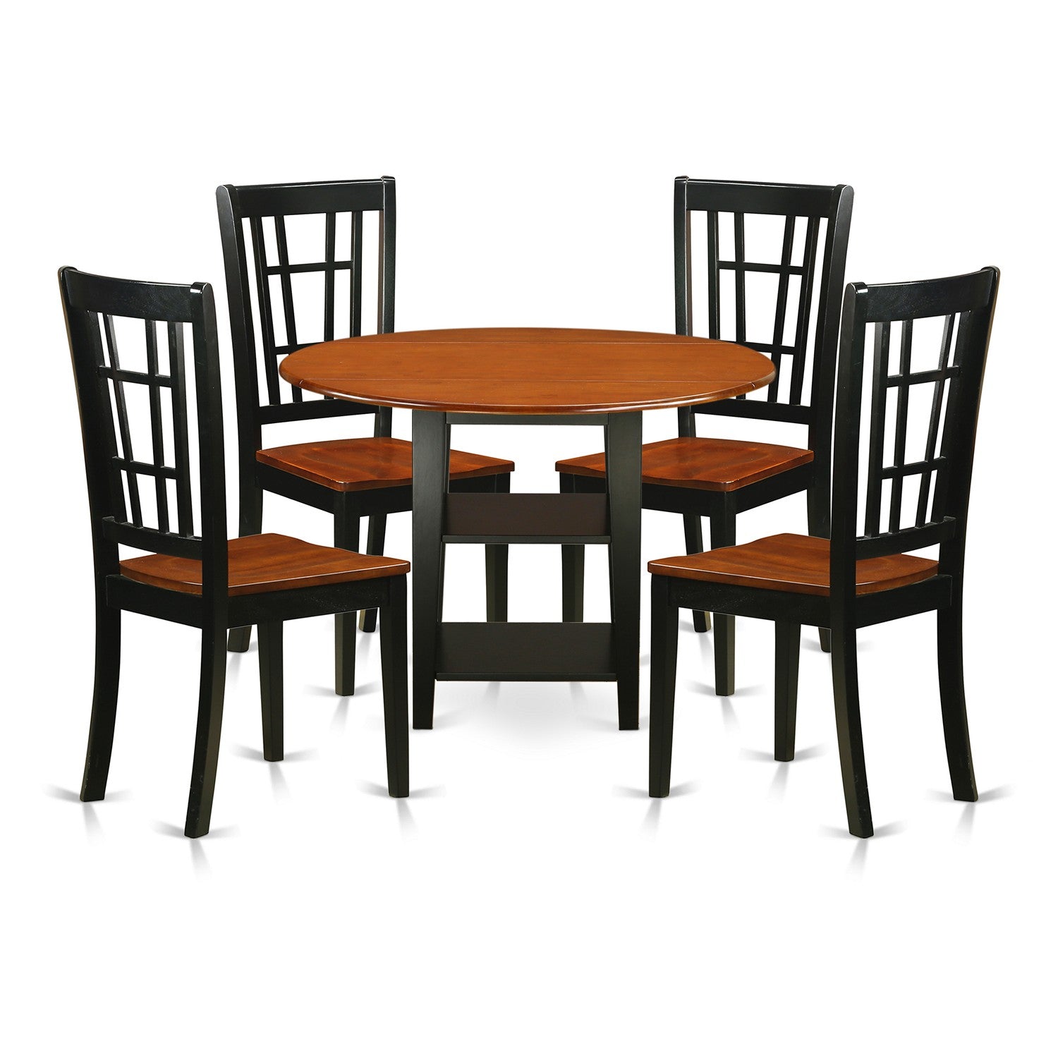 El juego de comedor de 5 piezas East West Furniture SUNI5-BCH-W incluye una mesa de comedor redonda con hojas abatibles y estantes, y 4 sillas con asiento de madera.