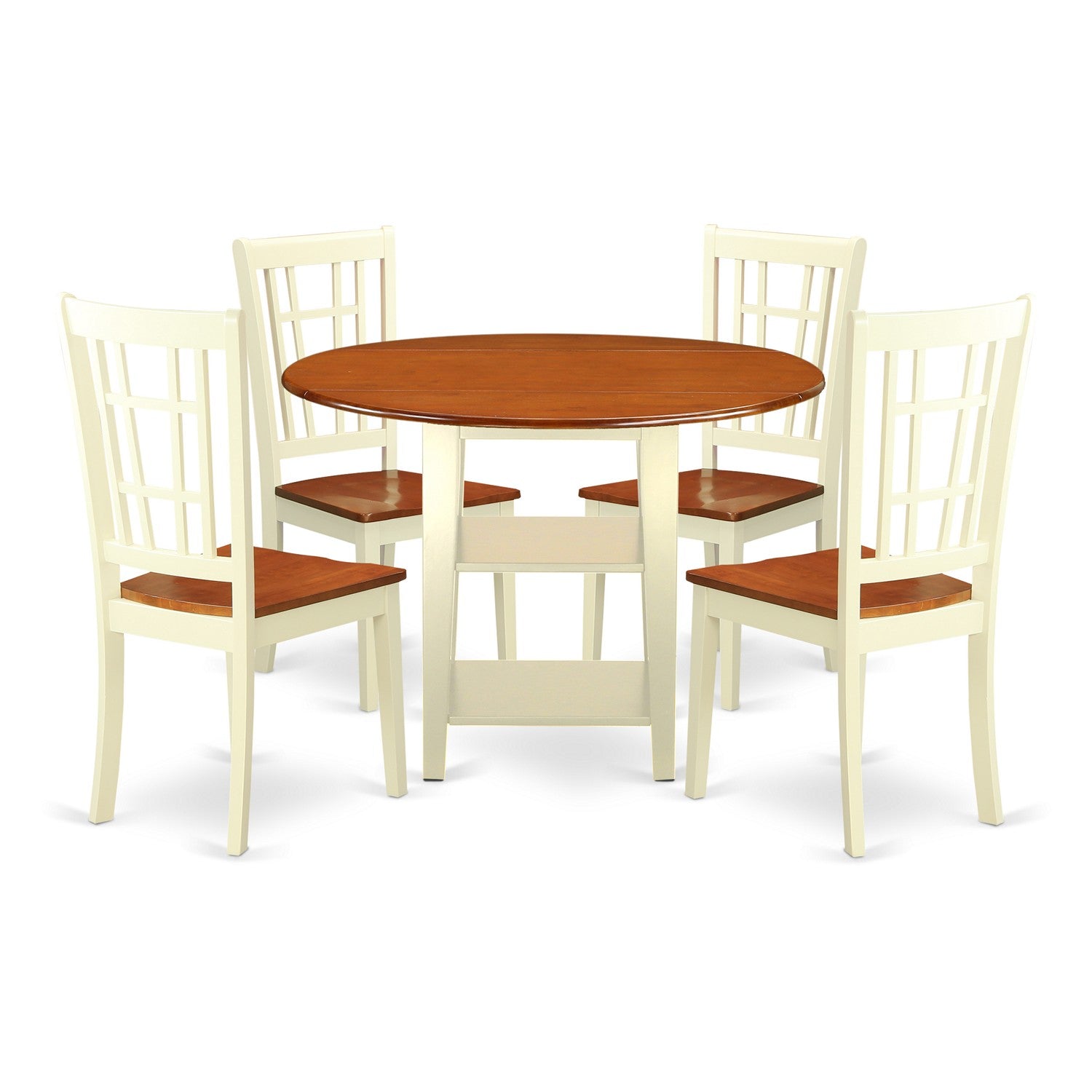 El juego de mesa de comedor moderno de 5 piezas SUNI5-BMK-W de East West Furniture incluye una mesa redonda de madera con hojas abatibles y estantes, y 4 sillas de comedor.