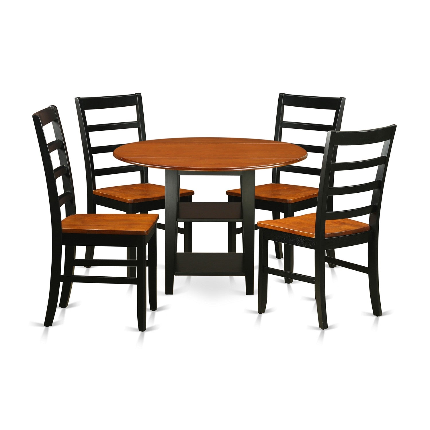SUPF5-BCH-W 5 Piece Sudbury Set With One Round Dinette Table And 4 Dinette Chairs With Wood Seat In A Elegant Black and Cherry Finish.