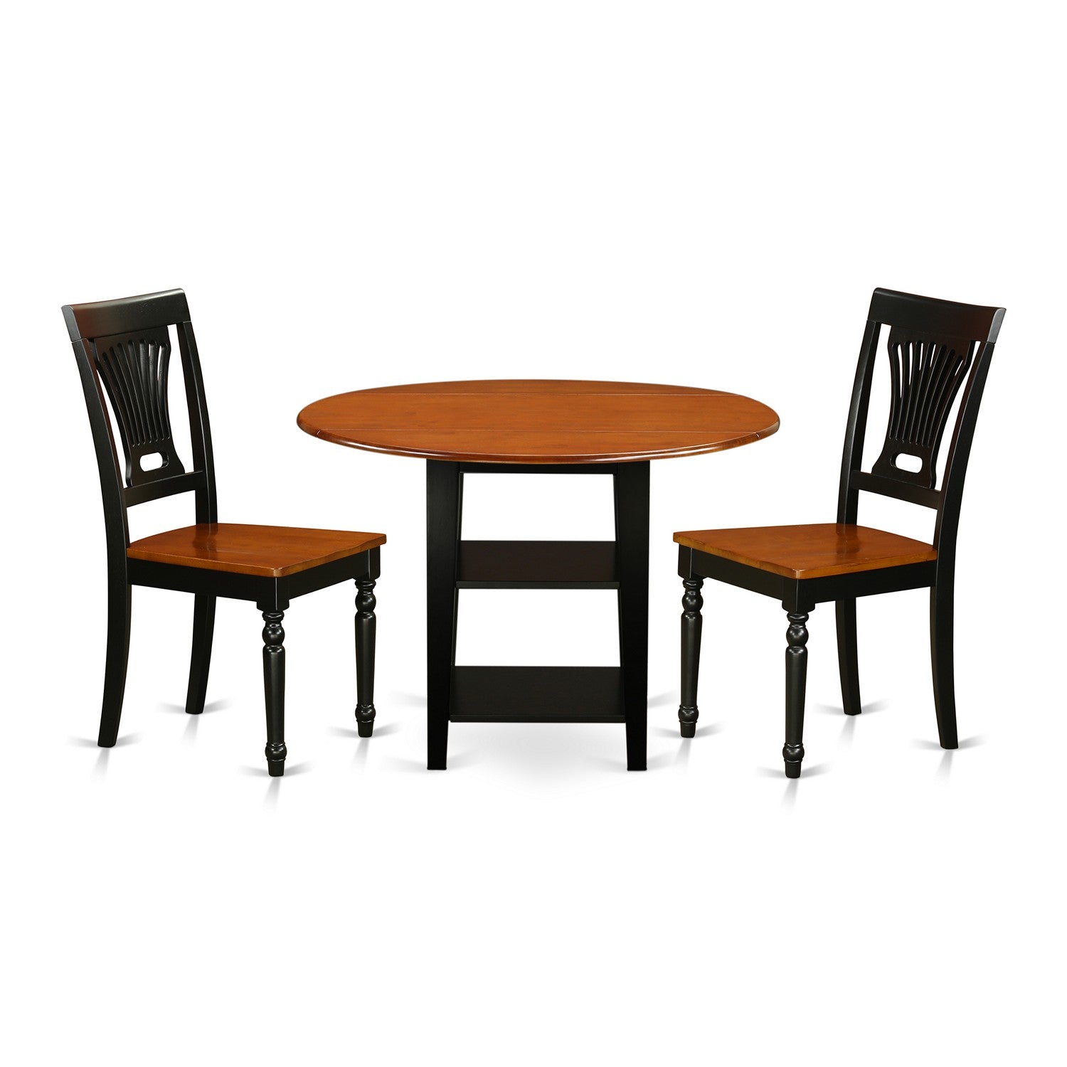 Juego de comedor de 3 piezas SUPL3-BCH-W de East West Furniture. Incluye una mesa de comedor redonda con alas abatibles y estantes, y 2 sillas de cocina.