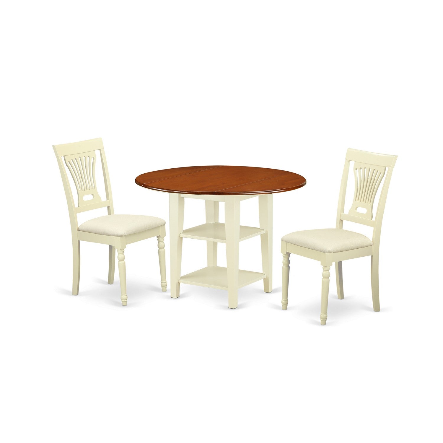 SUPL3-BMK-C 3 Piece Sudbury Set With One Round Dinette Table And 2 Slat Back Dinette Chairs With Cushion Seat In A Warm Buttermilk and Cherry Finish.