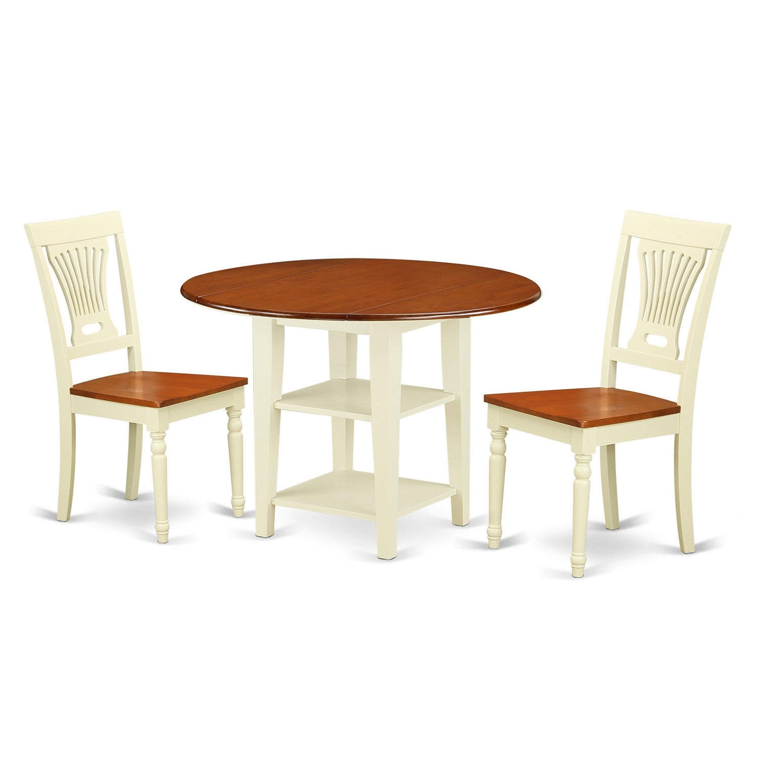 Juego de mesa y sillas de cocina de 3 piezas SUPL3-BMK-W de East West Furniture. Incluye una mesa de comedor redonda con alas abatibles y estantes, y 2 sillas con asiento de madera maciza.