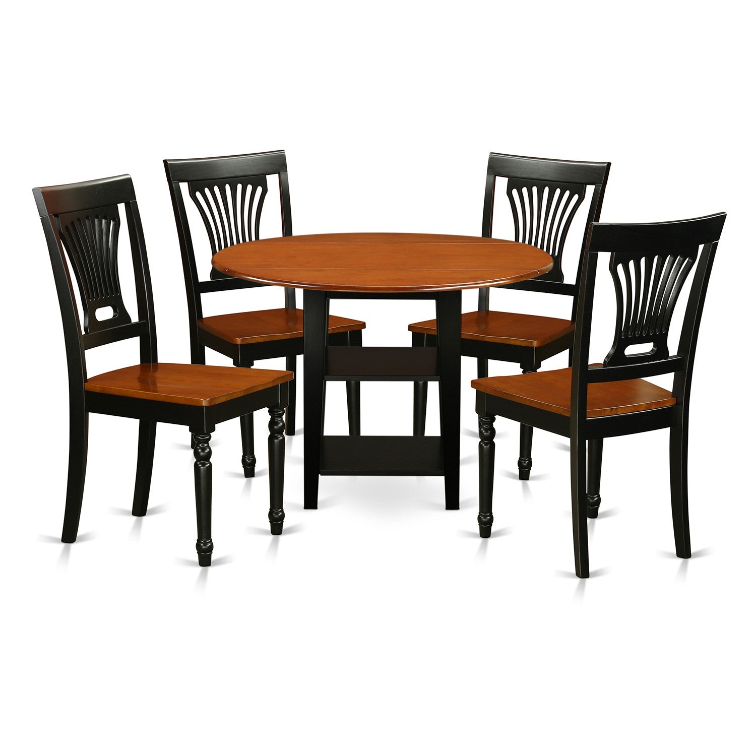SUPL5-BCH-W 5 Piece Sudbury Set With One Round Dinette Table And 4 Slat Back Dinette Chairs With Wood Seat In A Elegant Black and Cherry Finish.