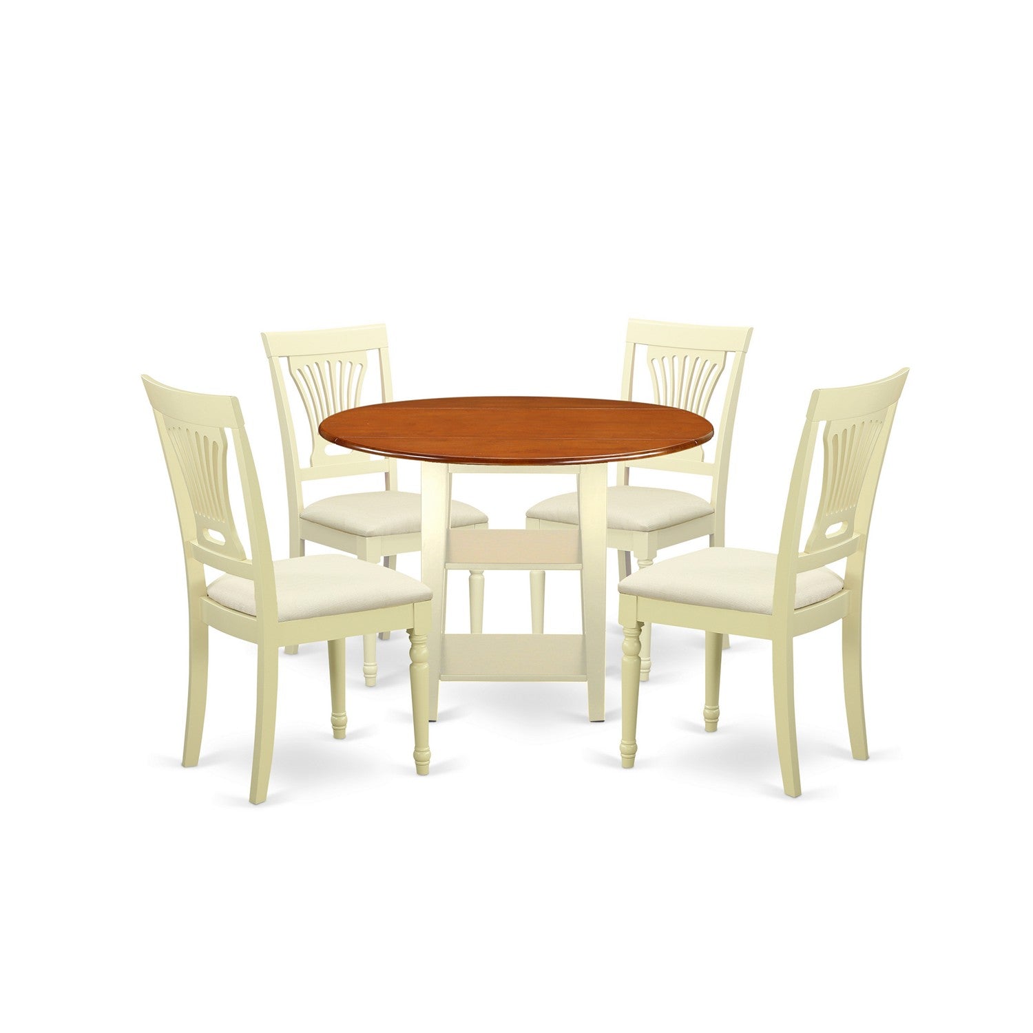 Juego de comedor de 5 piezas East West Furniture SUPL5-BMK-C. Incluye una mesa de cocina redonda con alas abatibles y estantes, y 4 sillas tapizadas en tela de lino.