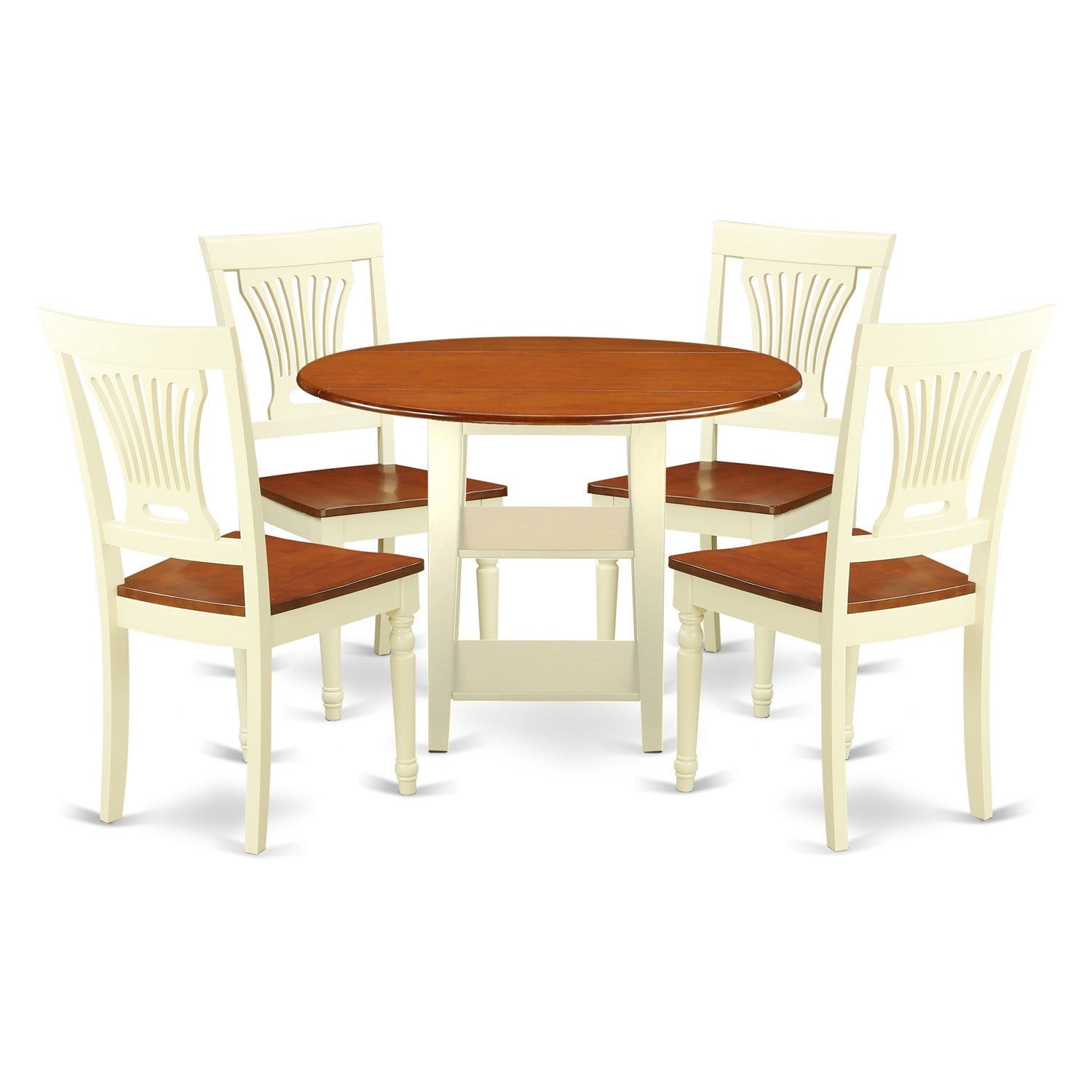 SUPL5-BMK-W 5 Piece Sudbury Set With One Round Dinette Table And 4 Slat Back Dinette Chairs With Wood Seat In A Warm Buttermilk and Cherry Finish.