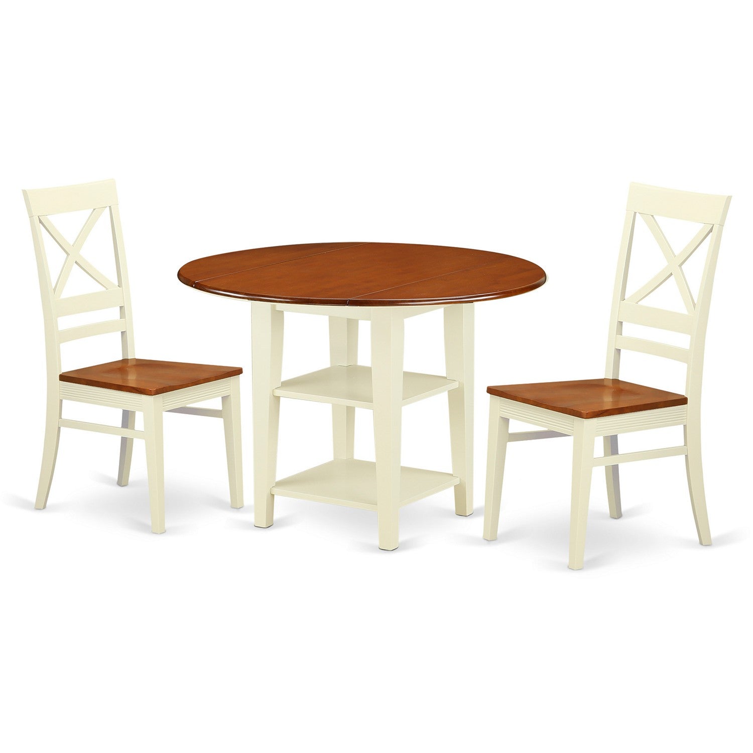 SUQU3-BMK-W 3 Piece Sudbury Set With One Round Dinette Table And 2 X Back Dinette Chairs With Wood Seat In A Elegant Buttermilk and Cherry Finish.
