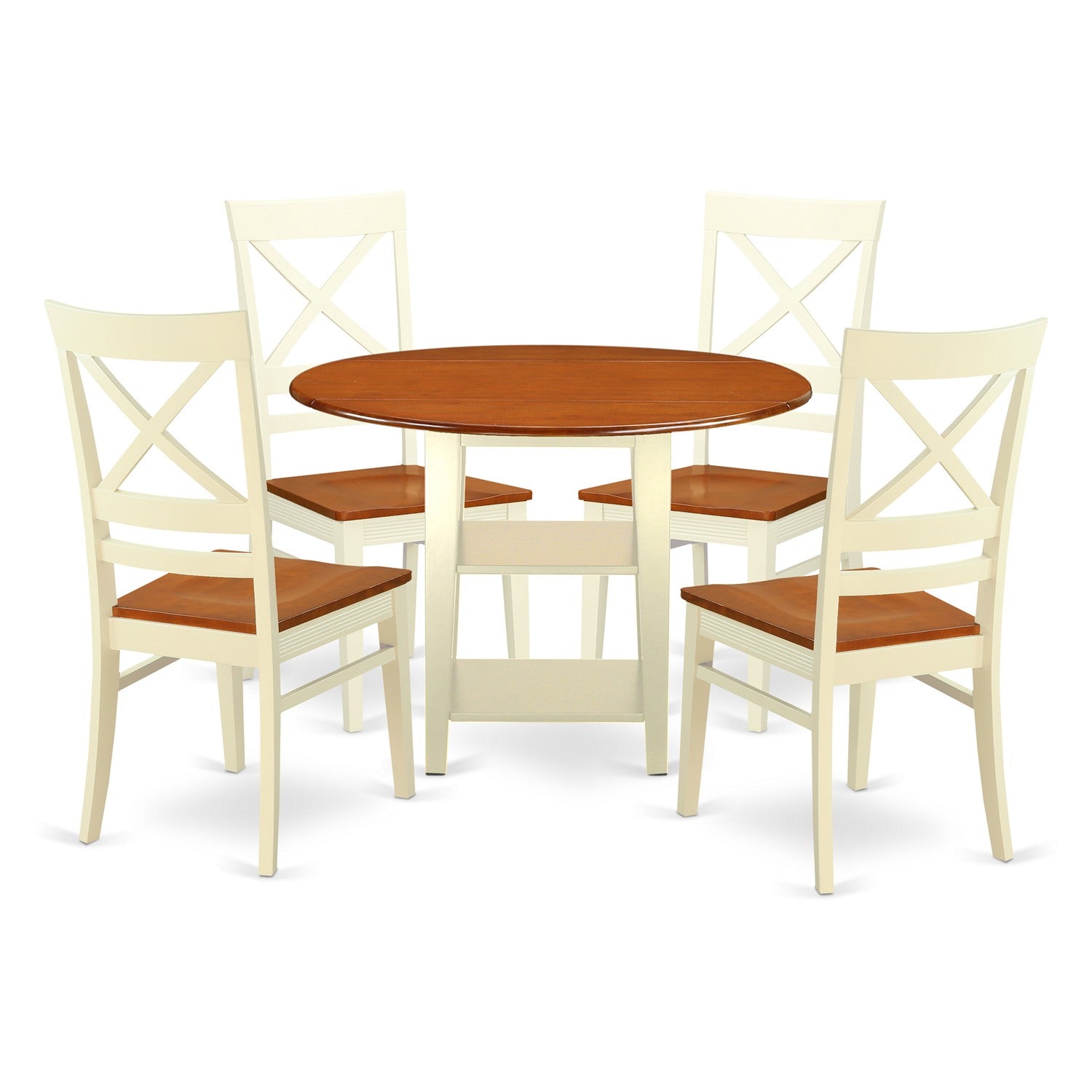 SUQU5-BMK-W 5 Piece Sudbury Set With One Round Dinette Table And 4 X Back Dinette Chairs With Wood Seat In A Elegant Buttermilk and Cherry Finish.