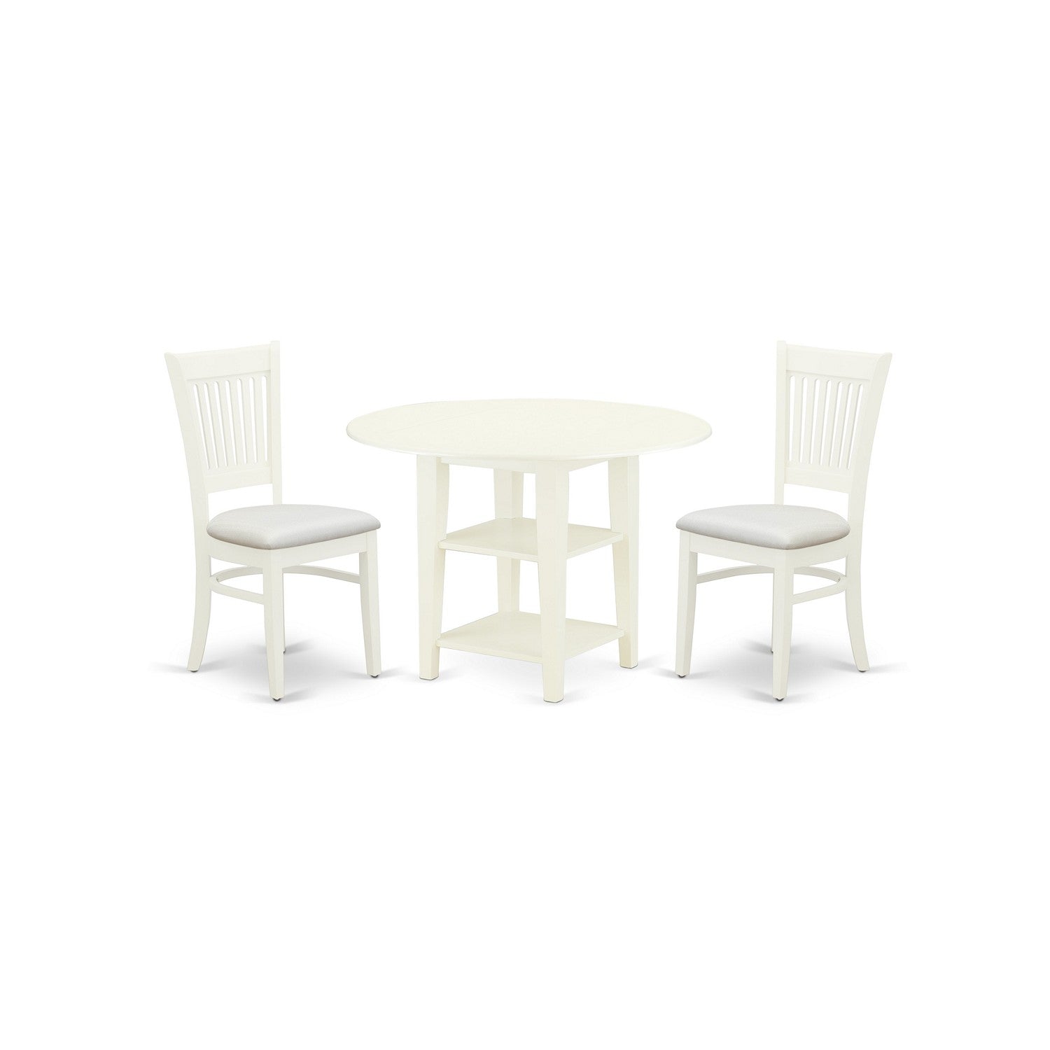 East West Furniture SUVA3-LWH-C 3-Pc Wood Dining Table Set 2 Modern Dining Chairs with Slatted Back and a Linen Fabric Seat and Drops Leaves Dining Room Table with Round Top and 4 Legs- Linen White Finish