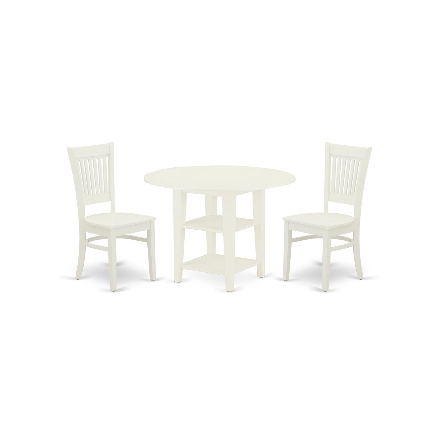 East West Furniture SUVA3-LWH-W 3-Piece Dining Room Set 2 Wooden Dining Chairs with Slatted Back and a Wooden Seat and Drops Leaves Kitchen Table with Round Top and 4 Legs- Linen White Finish