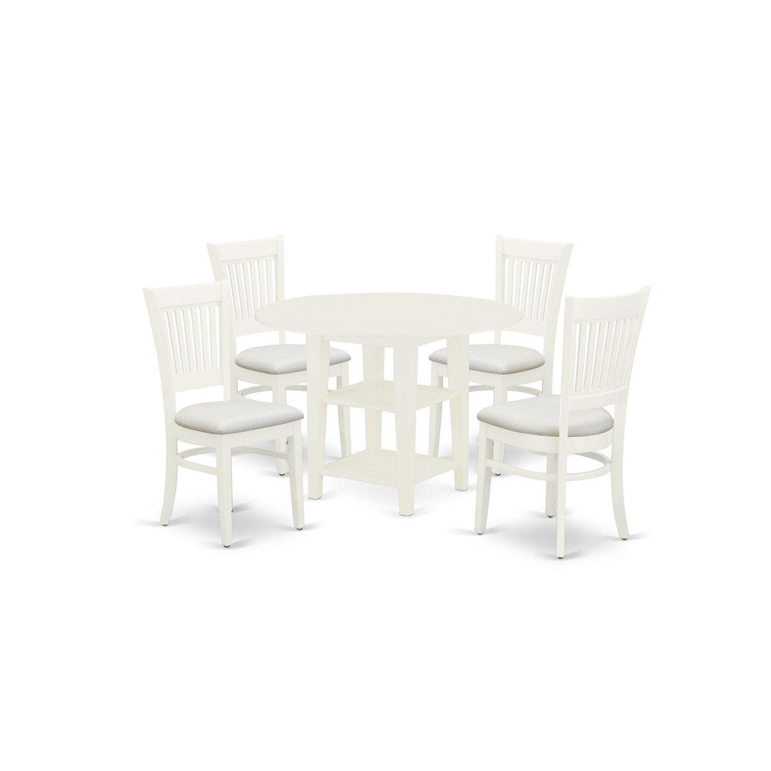 Juego de mesa de comedor East West Furniture SUVA5-LWH-C de 5 piezas para 4 personas. Incluye una mesa de cocina redonda con alas abatibles y estantes, y 4 sillas de comedor de cocina de tela de lino.