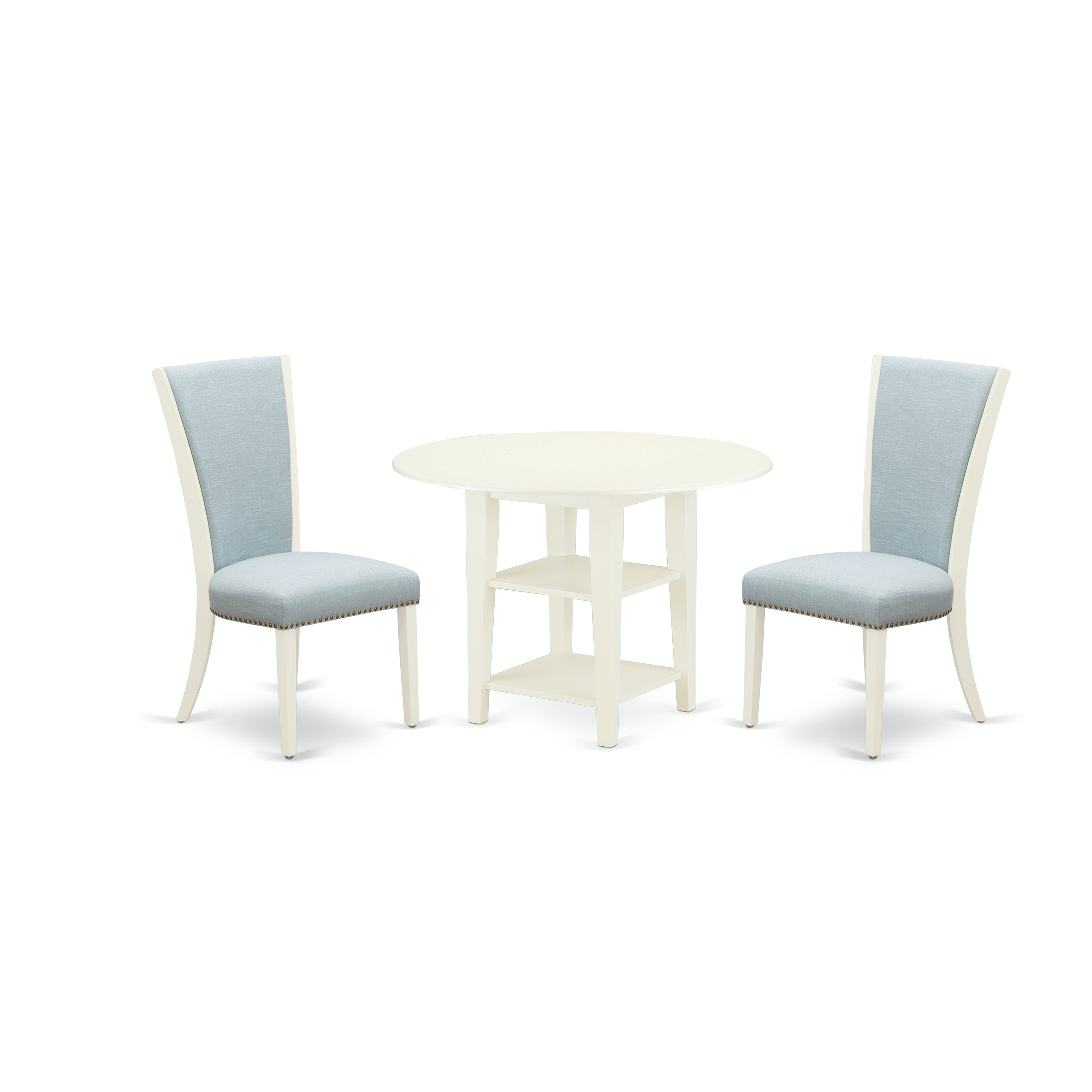 EAST WEST FURNITURE - SUVE3-LWH-15 - 3 Pc Kitchen Dining Set - 2 Baby Blue Linen Fabric Parson Chairs with High Back and 1 Kitchen Dining Table - 2 Shelves - linen white Finish