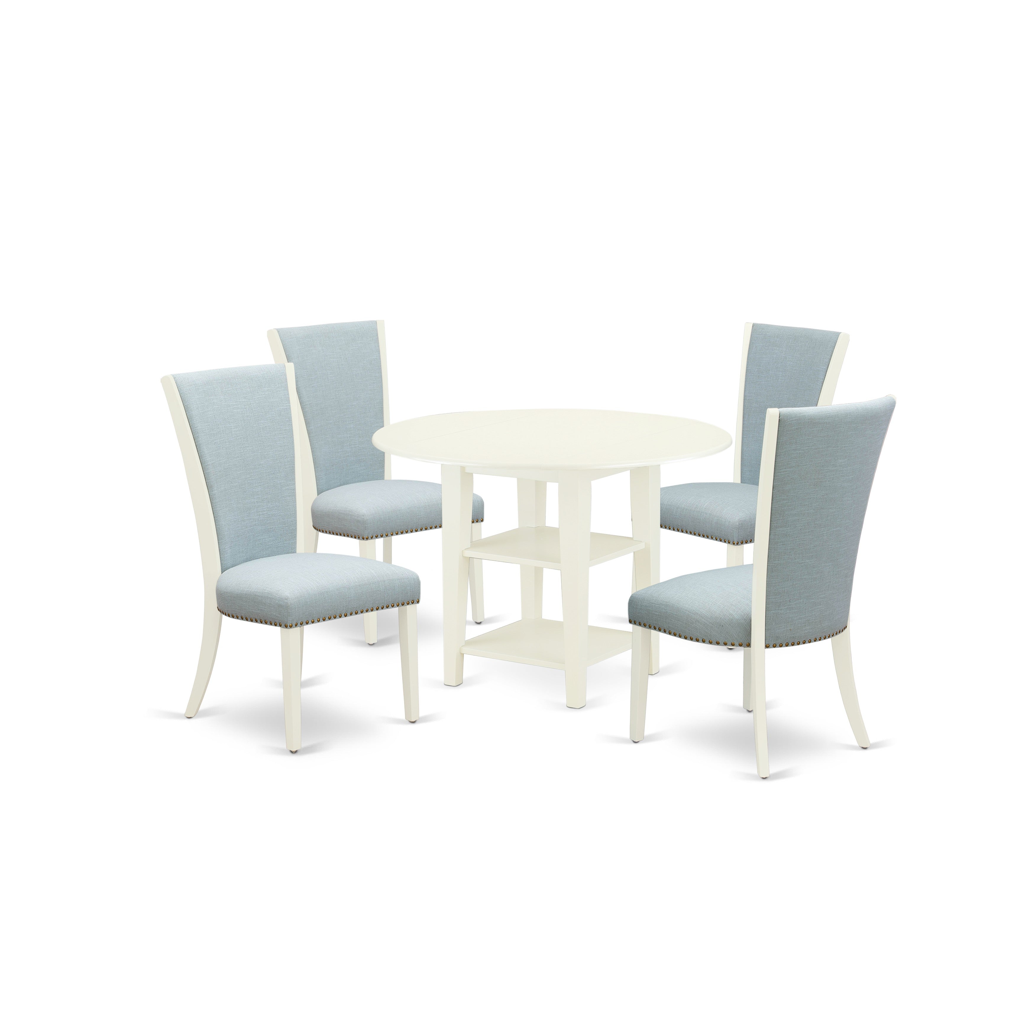EAST WEST FURNITURE - SUVE5-LWH-15 - 5 Pc Dining Table Set - 4 Baby Blue Linen Fabric Kitchen Chairs with High Back and 1 Round Dining Table - Two Shelves - linen white Finish
