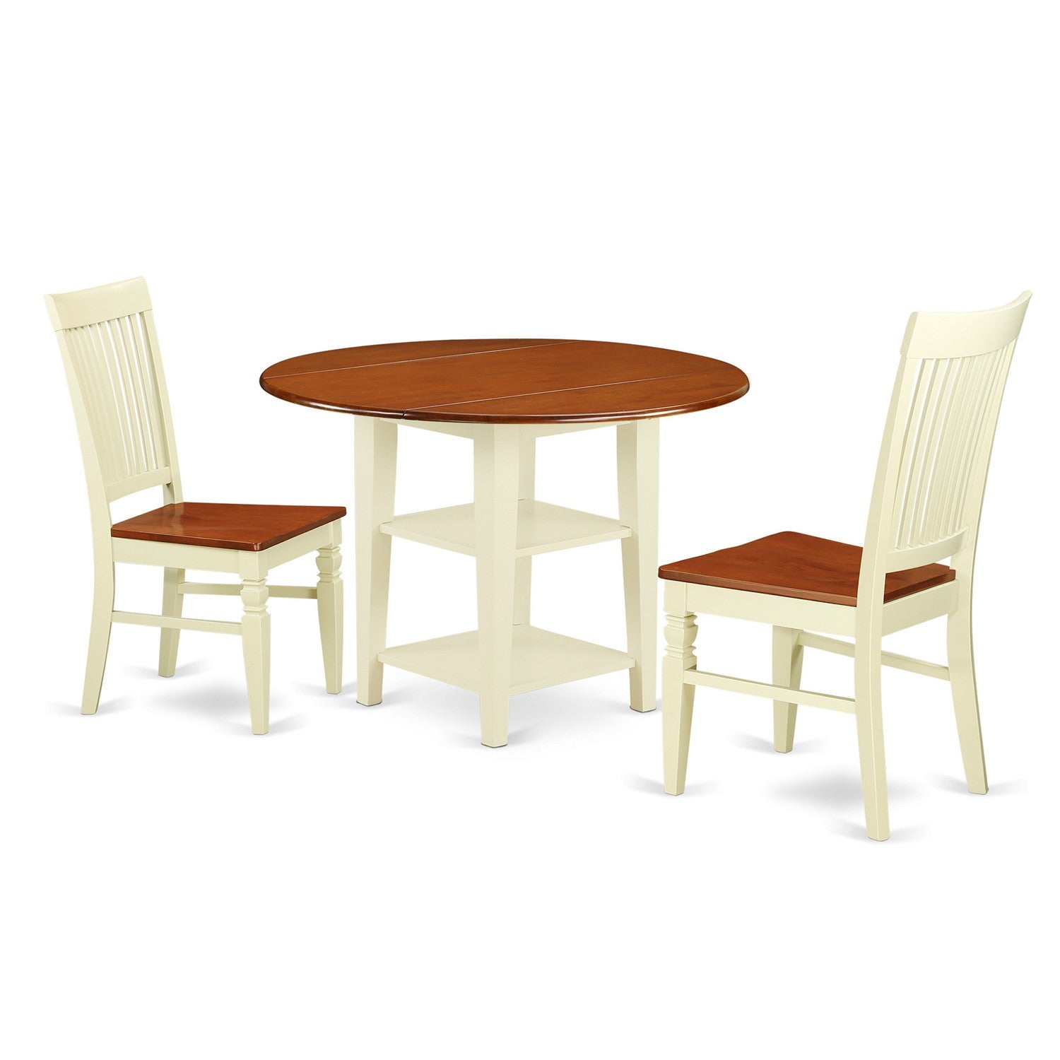 SUWE3-BMK-W 3 Piece Sudbury Set With One Round Dinette Table And 2 Slat Back Dinette Chairs With Wood Seat In A Rich Buttermilk and Cherry Finish.