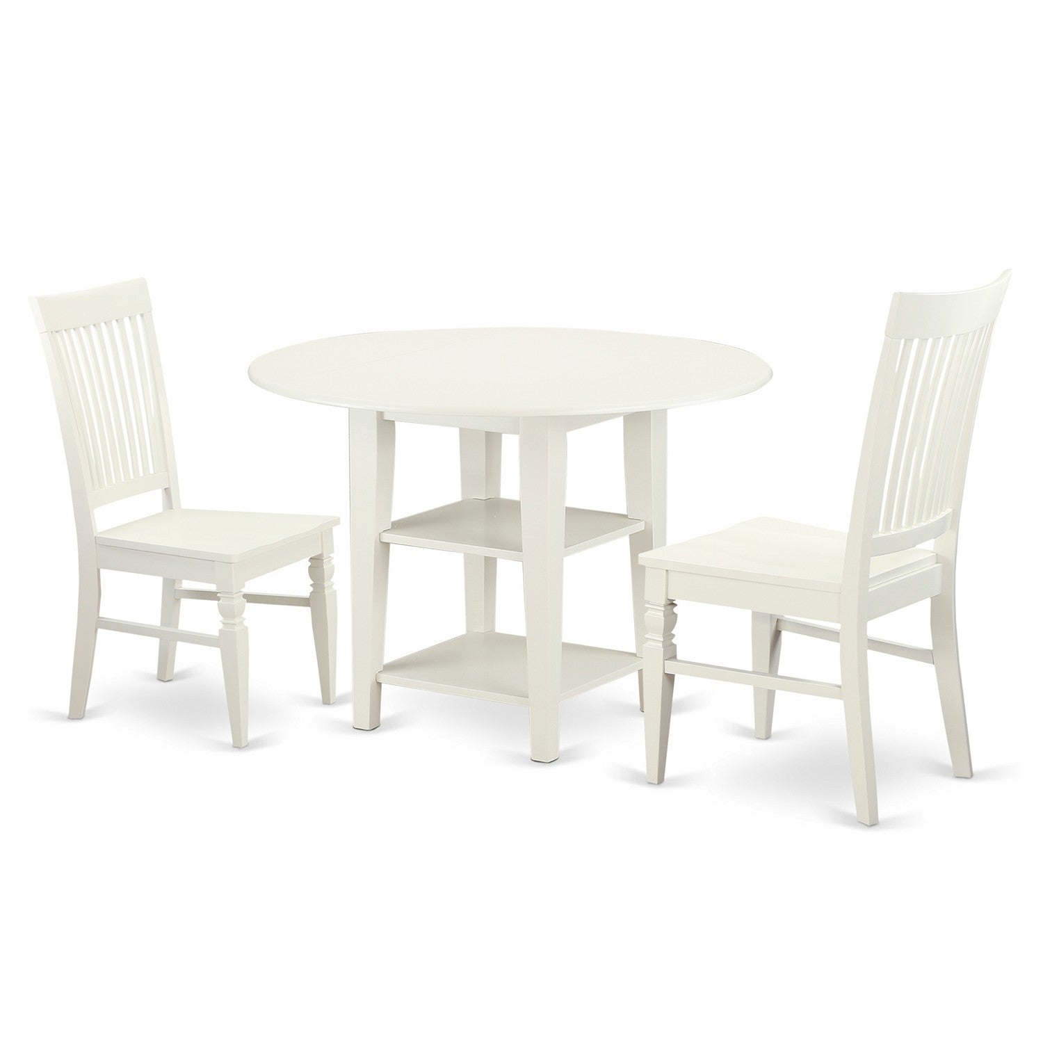 SUWE3-LWH-W 3 Piece Sudbury Set With One Round Dinette Table And 2 Slat Back Dinette Chairs With Wood Seat In A Rich Linen White Finish.