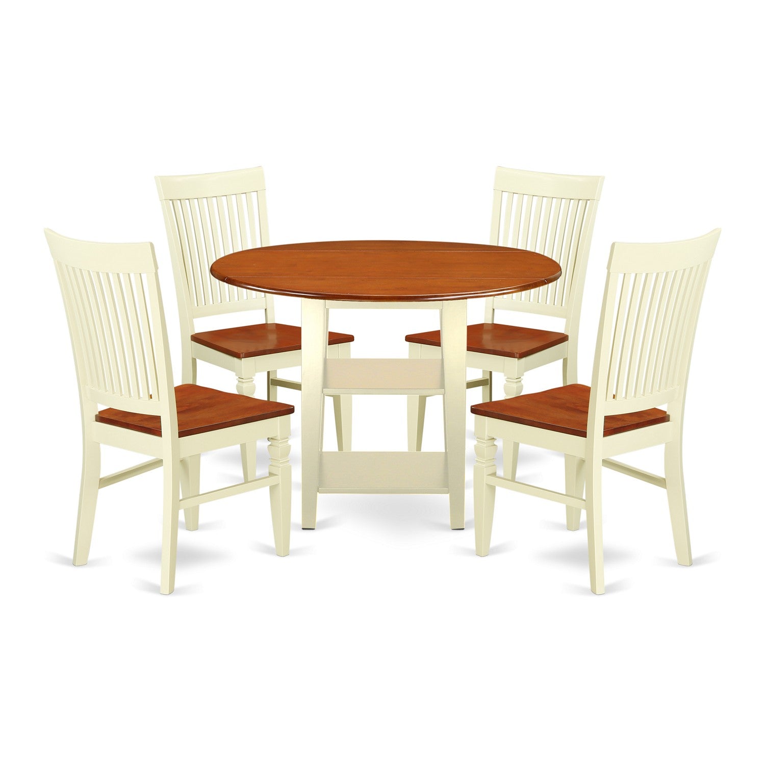 SUWE5-BMK-W 5 Piece Sudbury Set With One Round Dinette Table And 4 Slat Back Dinette Chairs With Cushion Seat In A Rich Buttermilk and Cherry Finish.