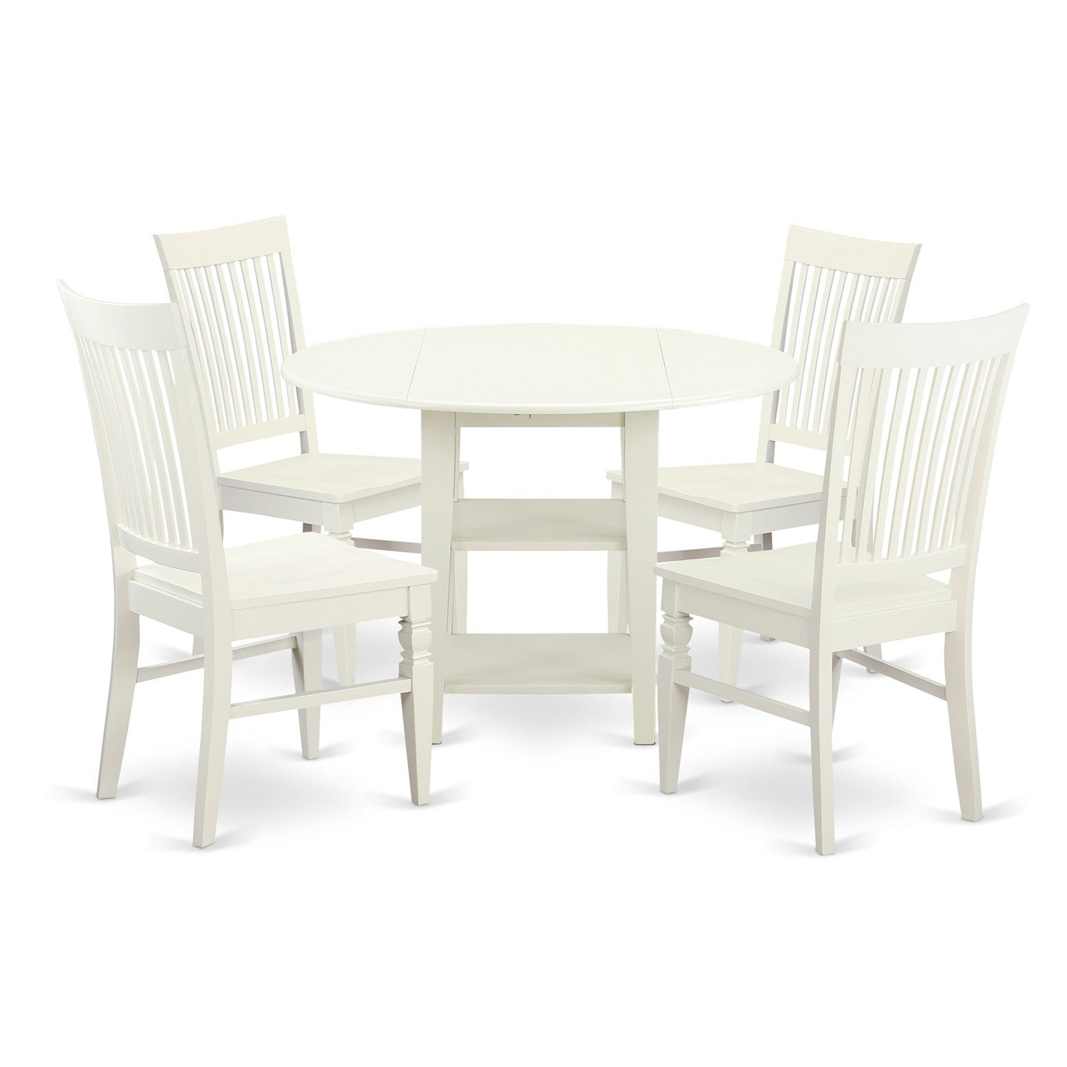 SUWE5-LWH-W 5 Piece Sudbury Set With One Round Dinette Table And 4 Slat Back Dinette Chairs With Cushion Seat In A Rich Linen White Finish.