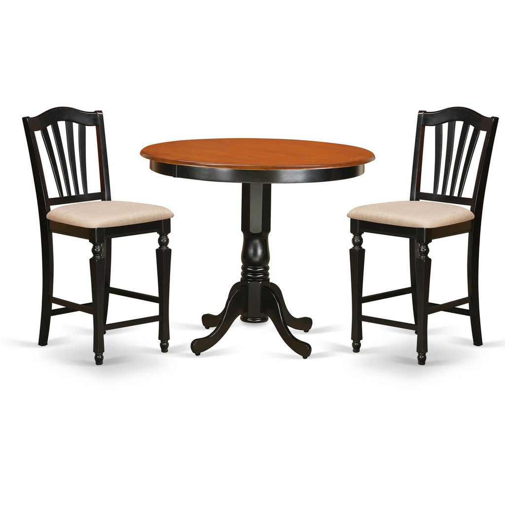 Juego de comedor de 3 piezas East West Furniture TRCH3-BLK-C para espacios pequeños. Incluye una mesa de cocina redonda y dos sillas de comedor de tela de lino.
