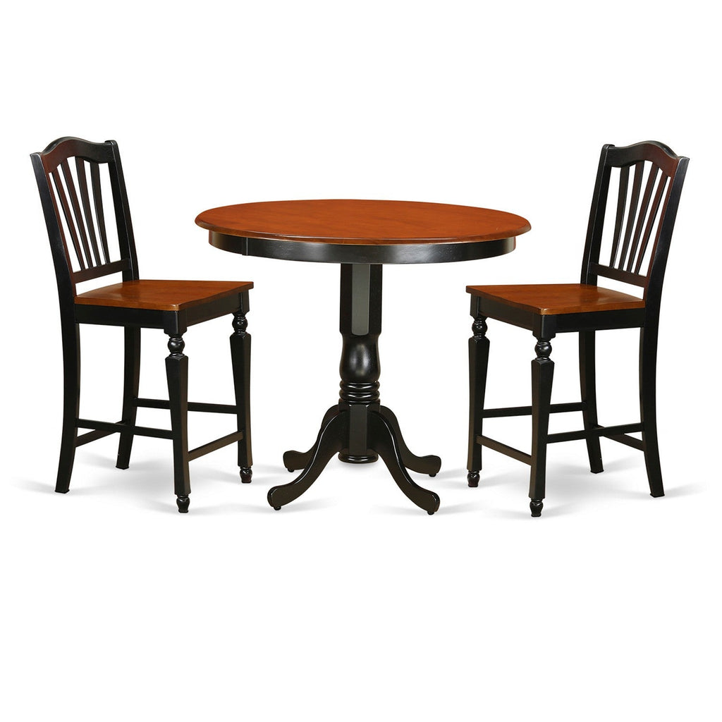 Juego de mesa de comedor de 3 piezas East West Furniture TRCH3-BLK-W con altura de mostrador. Contiene una mesa redonda de madera y 2 sillas de comedor de cocina.