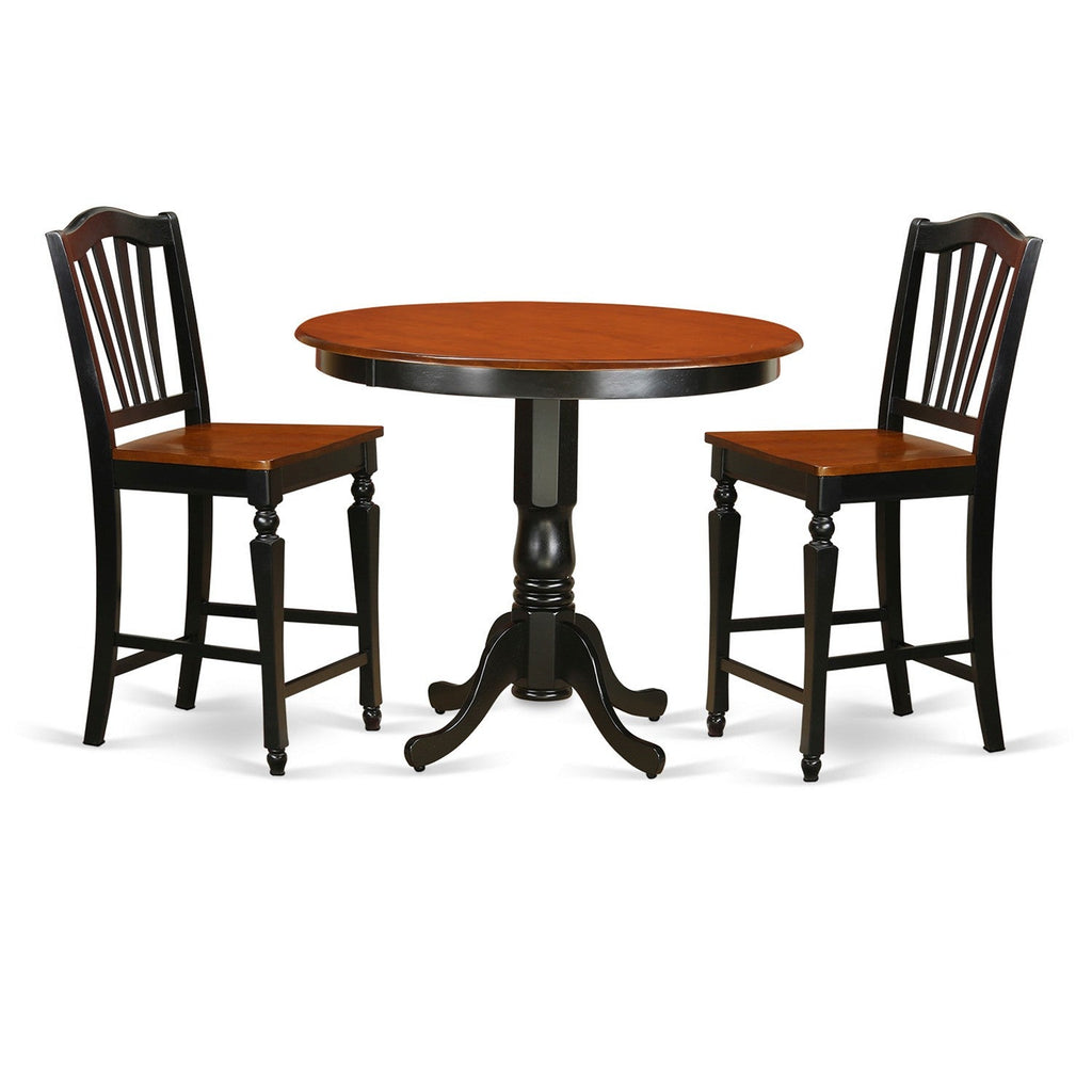 East West Furniture TRCH3-BLK-W 3 Piece Counter Height Dining Table Set Contains a Round Wooden Table and 2 Kitchen Dining Chairs, 42x42 Inch, Black & Cherry