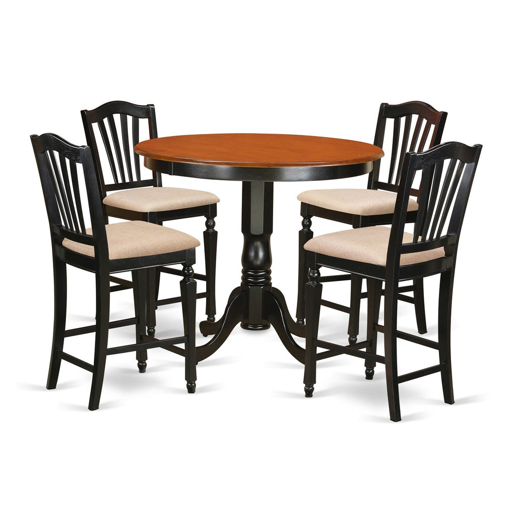 Juego de mesa de comedor de 5 piezas East West Furniture TRCH5-BLK-C con altura de mostrador para cocina. Incluye una mesa de bar redonda y 4 sillas tapizadas en tela de lino.