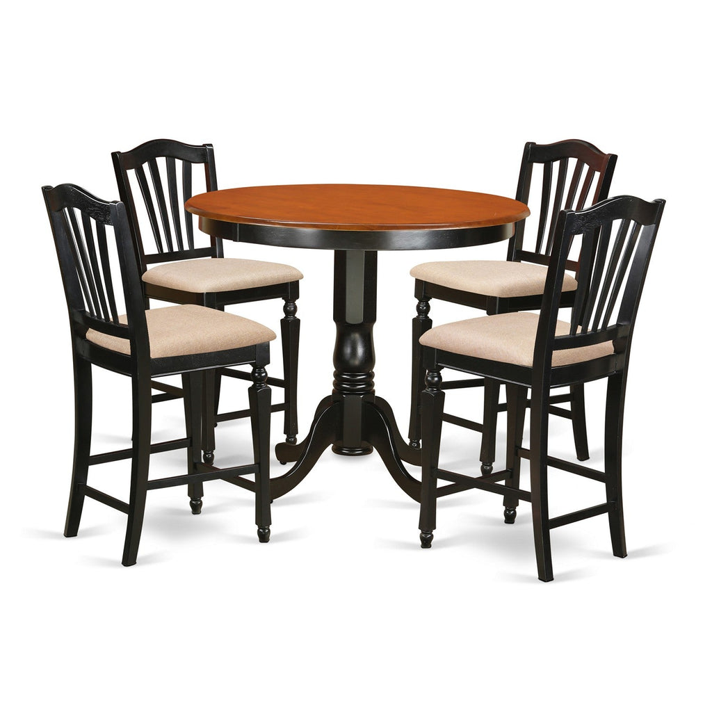 East West Furniture TRCH5-BLK-C 5 Piece Kitchen Counter Height Dining Table Set  Includes a Round Pub Table and 4 Linen Fabric Upholstered Chairs, 42x42 Inch, Black & Cherry