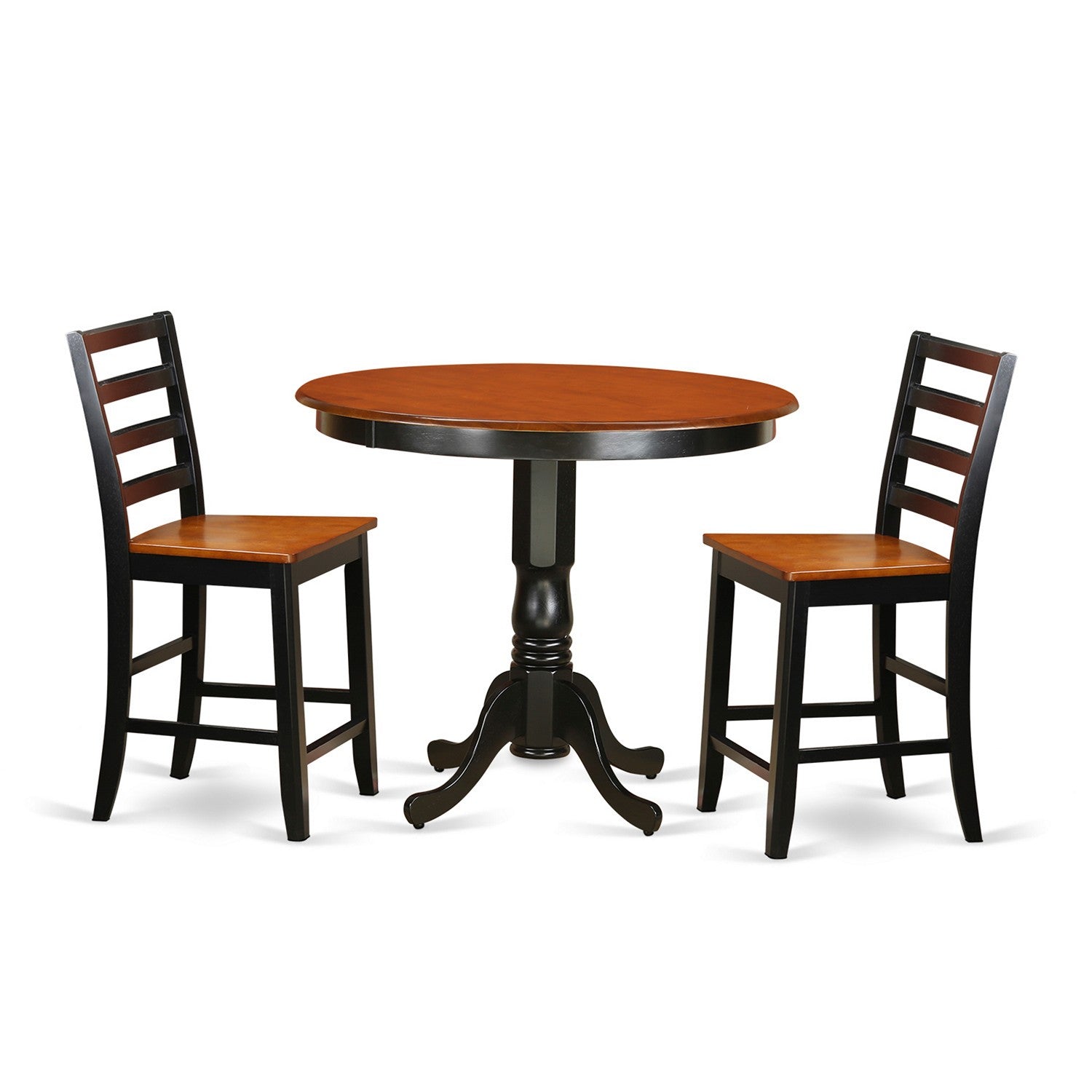 Juego de comedor de 3 piezas East West Furniture TRFA3-BLK-W con altura de mostrador para espacios pequeños. Contiene una mesa de comedor redonda y 2 sillas con asiento de madera.