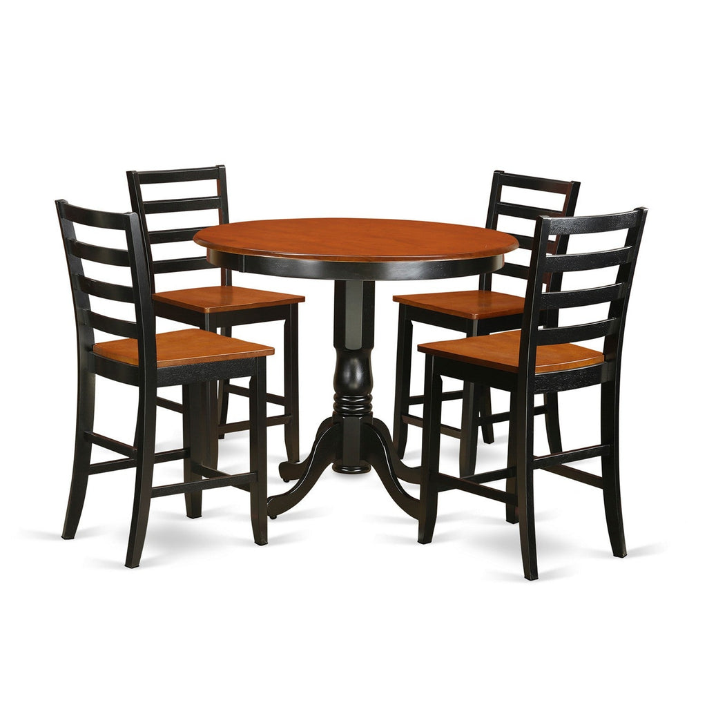 Juego de pub de 5 piezas East West Furniture TRFA5-BLK-W con altura de mostrador. Incluye una mesa de comedor redonda y 4 sillas de cocina.