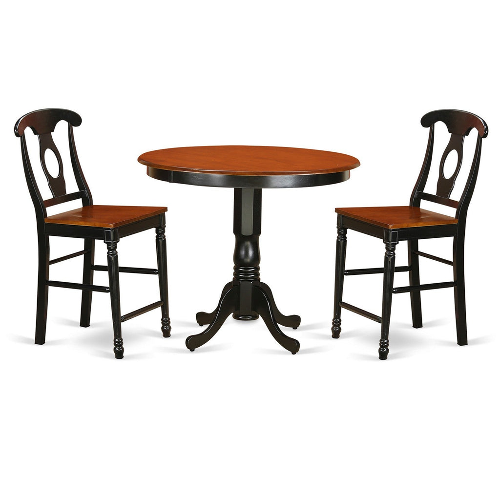 East West Furniture TRKE3-BLK-W 3 Piece Counter Height Dining Table Set Contains a Round Kitchen Table and 2 Dining Room Chairs, 42x42 Inch, Black & Cherry