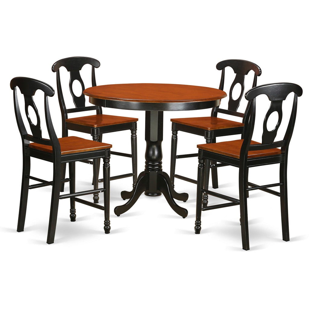 Juego de mesa de comedor de 5 piezas East West Furniture TRKE5-BLK-W con altura de mostrador para cocina. Incluye una mesa de comedor redonda y 4 sillas con asiento de madera.