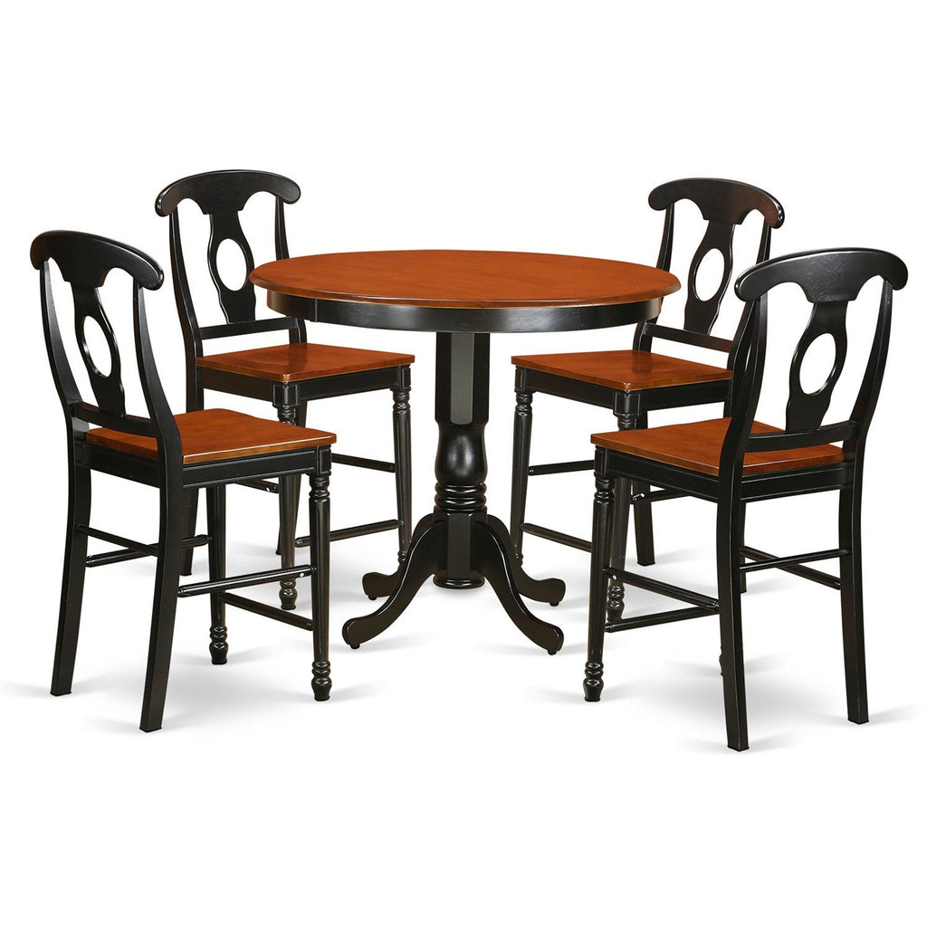 East West Furniture TRKE5-BLK-W 5 Piece Kitchen Counter Height Dining Table Set  Includes a Round Dining Room Table and 4 Wooden Seat Chairs, 42x42 Inch, Black & Cherry