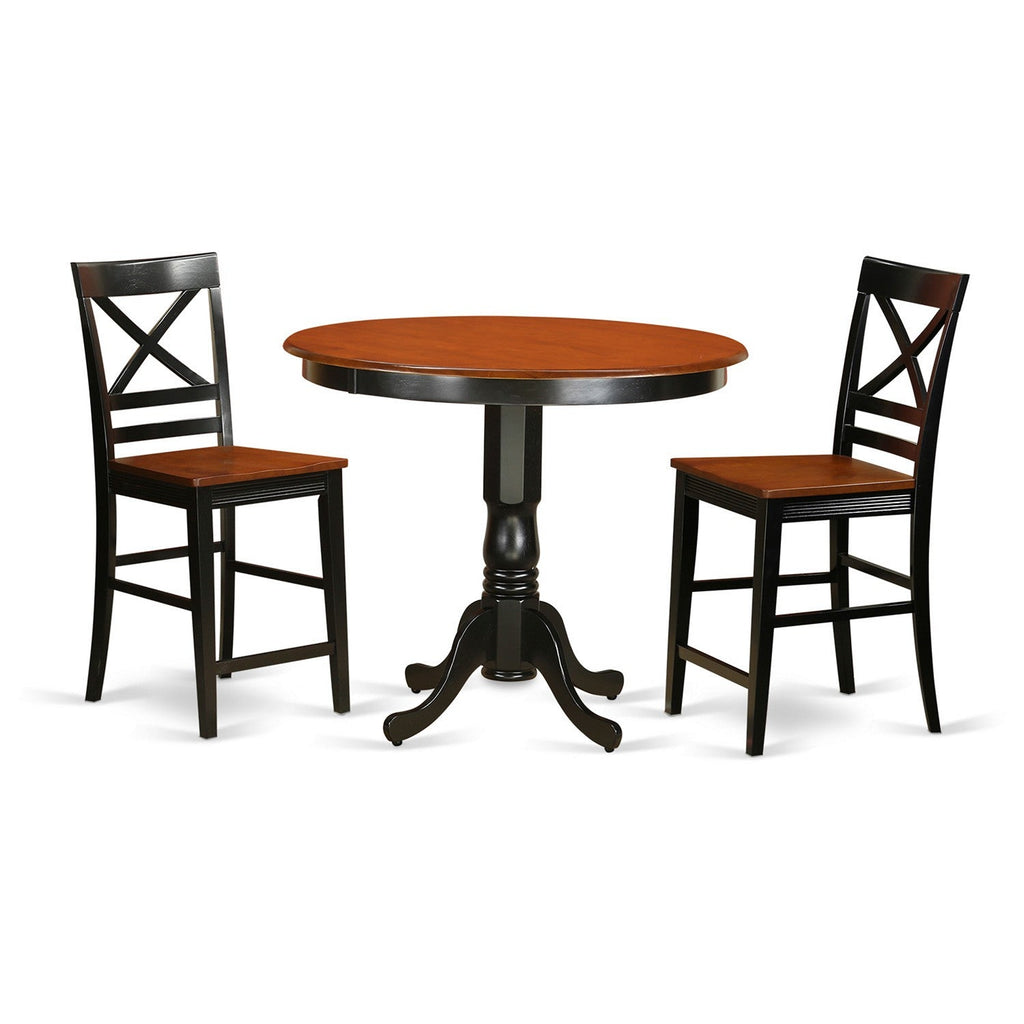 East West Furniture TRQU3-BLK-W 3 Piece Counter Height Dining Table Set Contains a Round Kitchen Table and 2 Dining Chairs