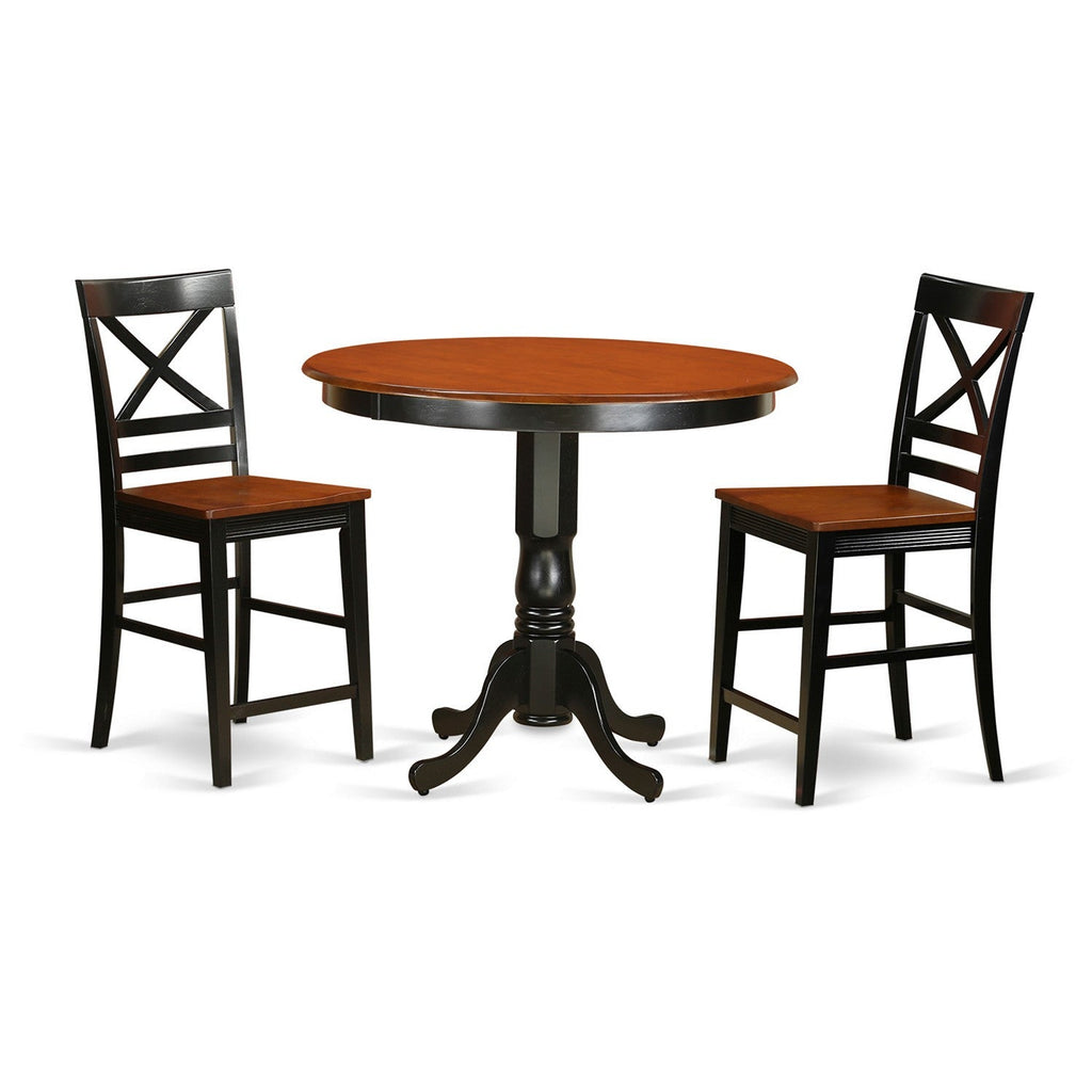 East West Furniture TRQU3-BLK-W 3 Piece Counter Height Dining Table Set Contains a Round Kitchen Table and 2 Dining Chairs, 42x42 Inch, Black & Cherry