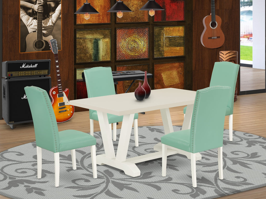 East West Furniture V026EN257-5 5 Piece Dining Room Furniture Set Includes a Rectangle Dining Table with V-Legs and 4 Pond Faux Leather Parsons Chairs, 36x60 Inch, Multi-Color